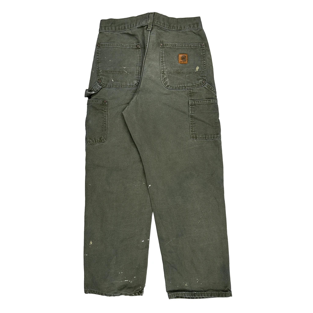 Paint Splattered Carhartt Double Knee Carpenter Trousers - 30W 31L Green Cotton Refurbished - Thrifted (note: this is a term often used to describe second- refurbished available on Cerqular