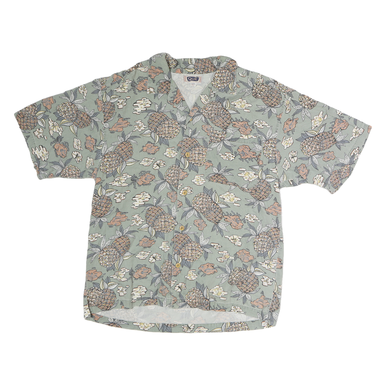 QUE Mens Green Pineapple Print Shirt XL Cotton Blend Relaxed Fit Summer Refurbished - N/A refurbished available on Cerqular