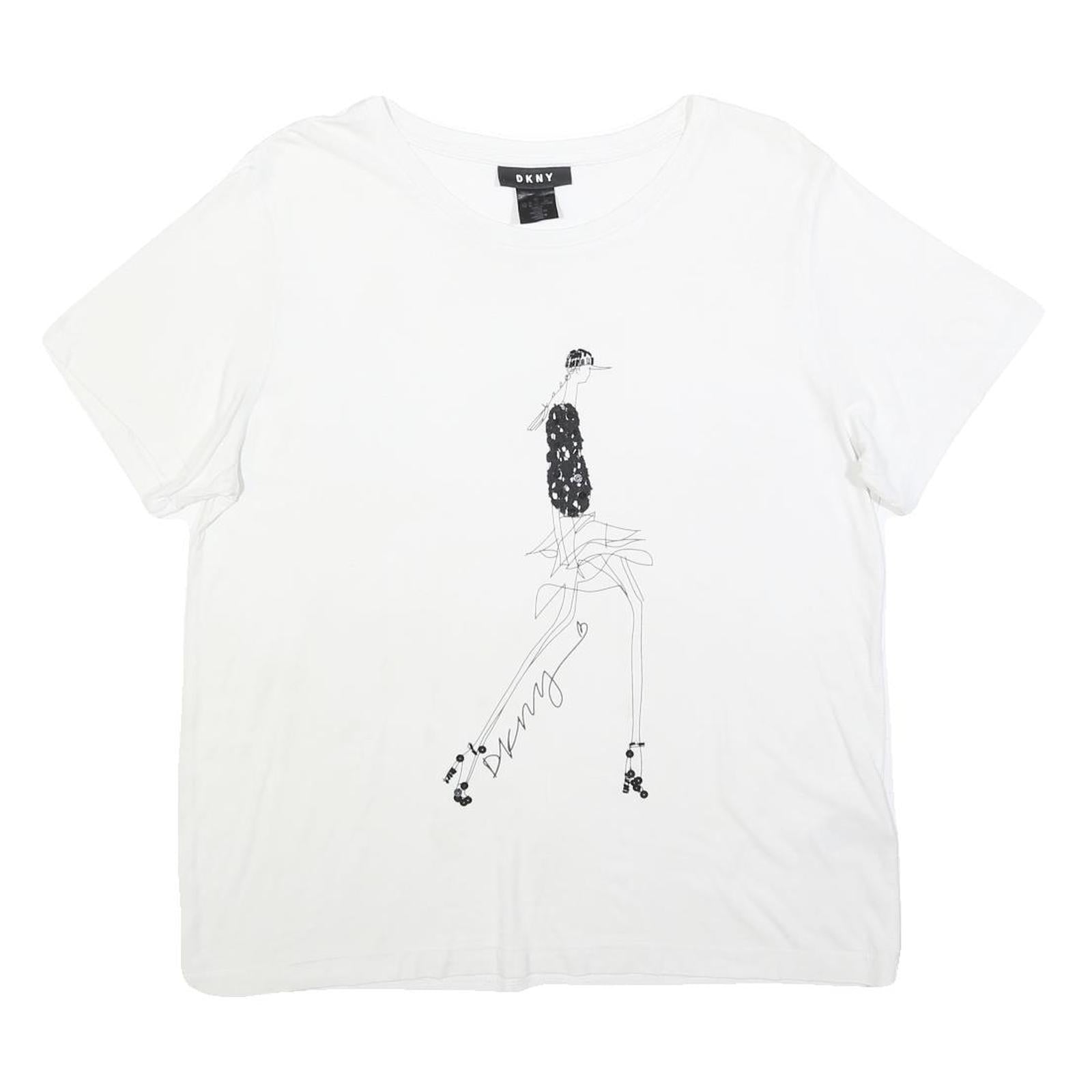 DKNY Womens White Graphic Print Cotton Blend Basic Short Sleeve Crew Neck XL Refurbished - N/A refurbished available on Cerqular