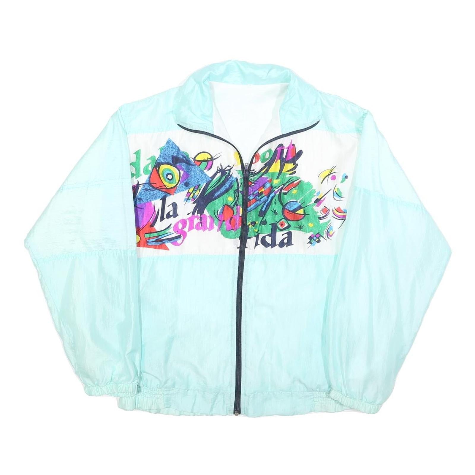 Womens White & Aqua Abstract Print Zip Jacket M Polyester Blend Retro Refurbished - N/A refurbished available on Cerqular
