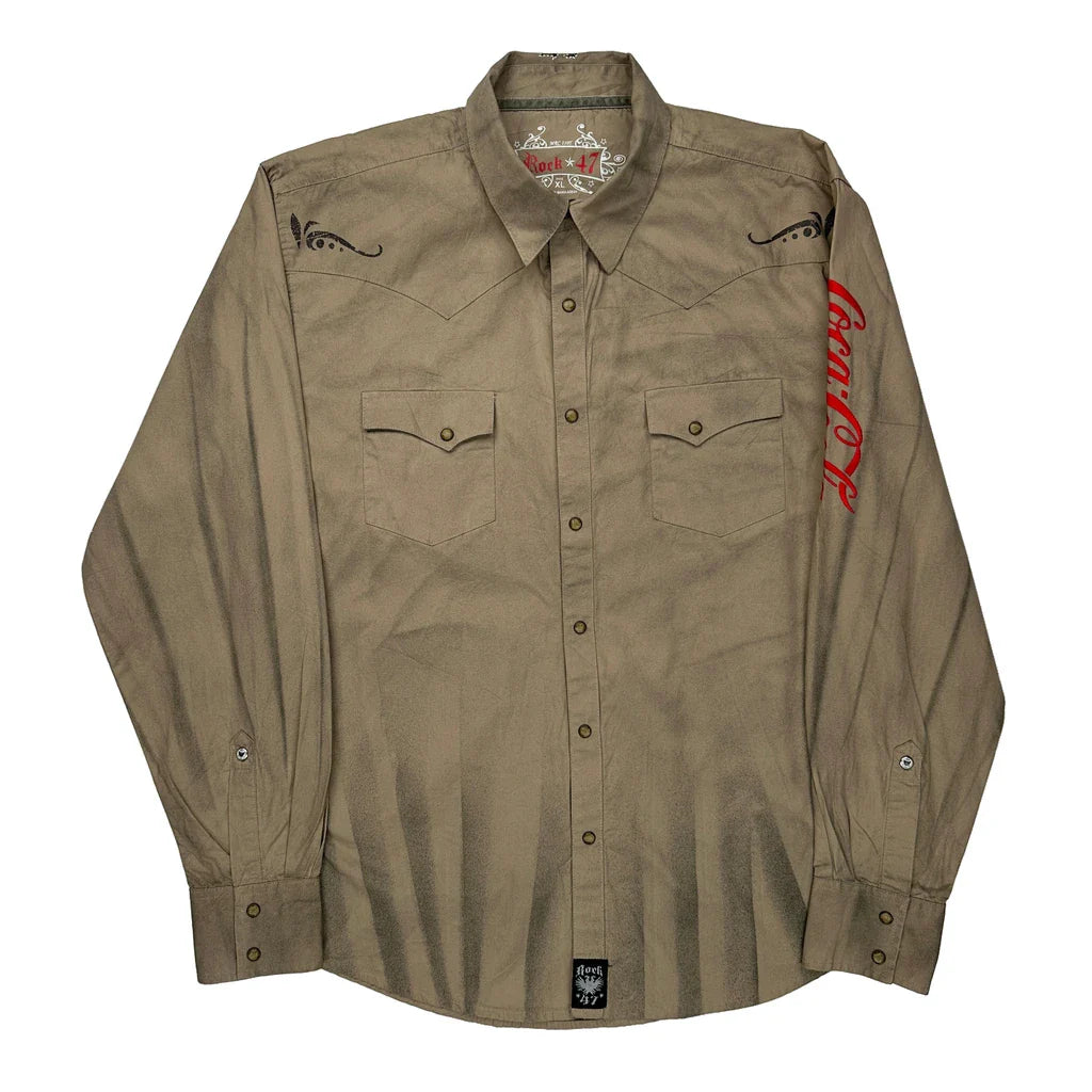 Rock 47 Coca-Cola Graphic Shirt - XL Khaki Cotton Refurbished - Thrifted (note: this is a term often used to describe second- refurbished available on Cerqular