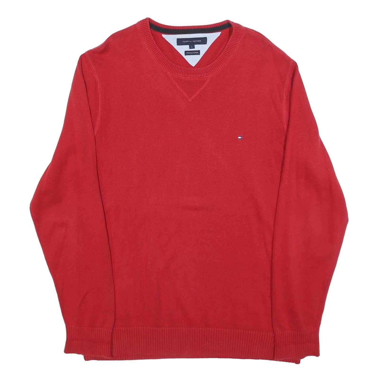 TOMMY HILFIGER Mens Red Plain Cotton Blend Jumper Crew Neck Basic Knit L Classic Refurbished - N/A refurbished available on Cerqular