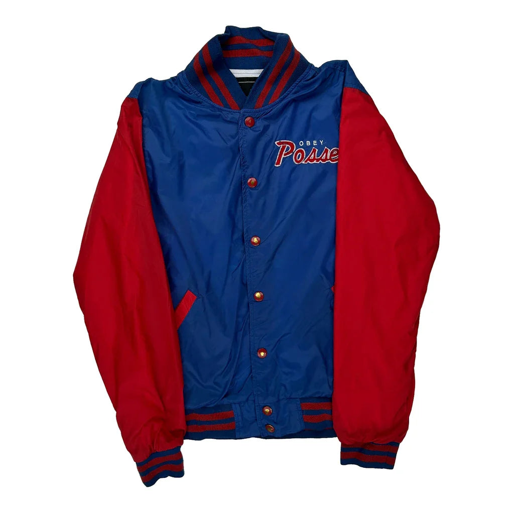 Posse Obey Varsity Jacket - Medium Blue Polyester Refurbished - Thrifted (note: this is a term often used to describe second- refurbished available on Cerqular
