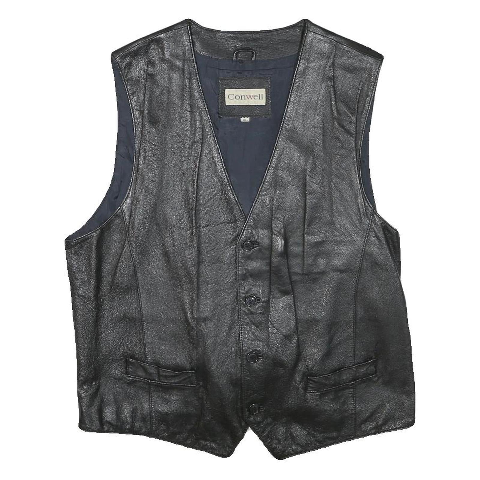 CONWELL Mens Black Leather Waistcoat XL Button Woven Classic Vest Refurbished - N/A refurbished available on Cerqular