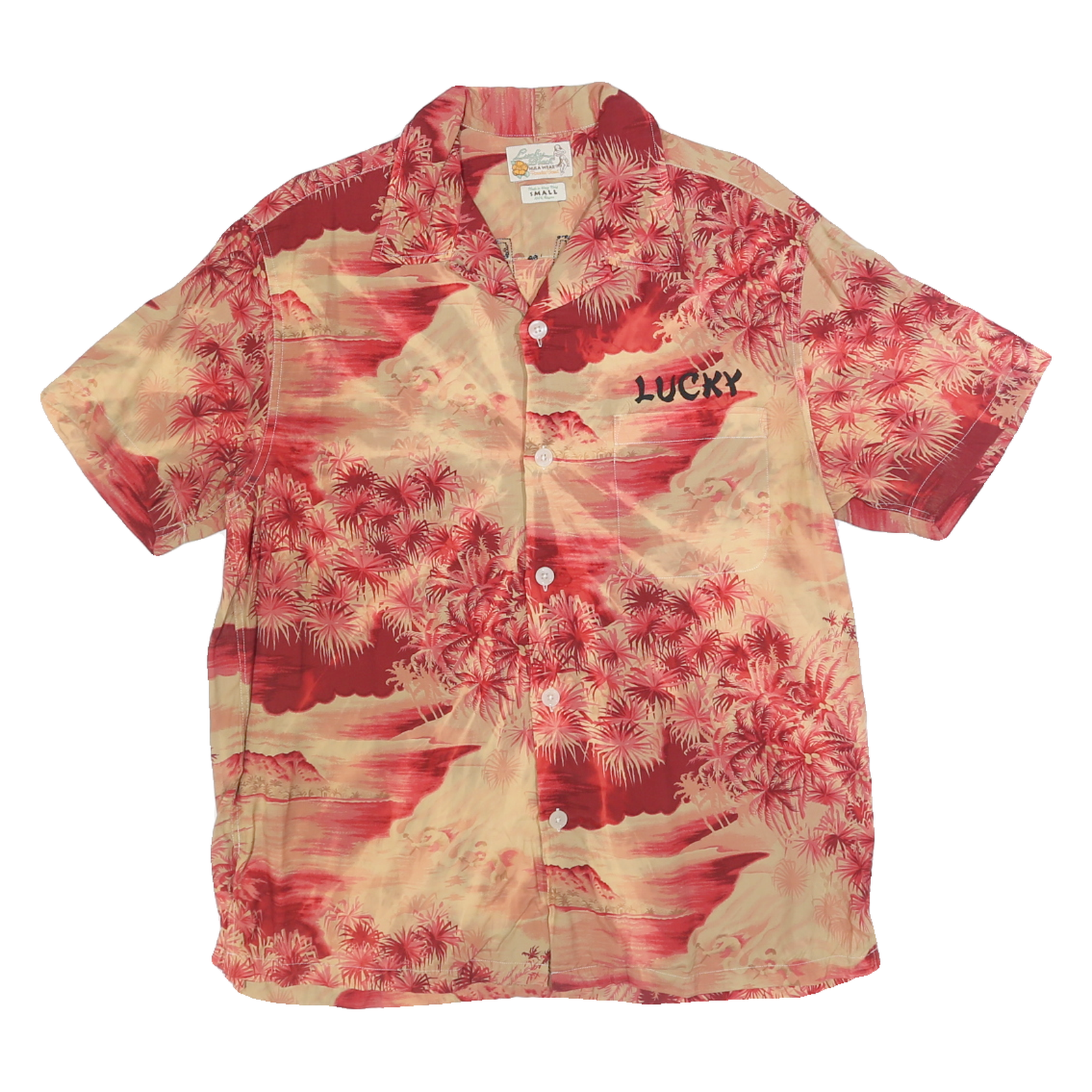 LUCKY BEACH Mens Red & Beige Hawaiian Shirt S Bora Bora Embroidery Rayon Summer Refurbished - N/A refurbished available on Cerqular