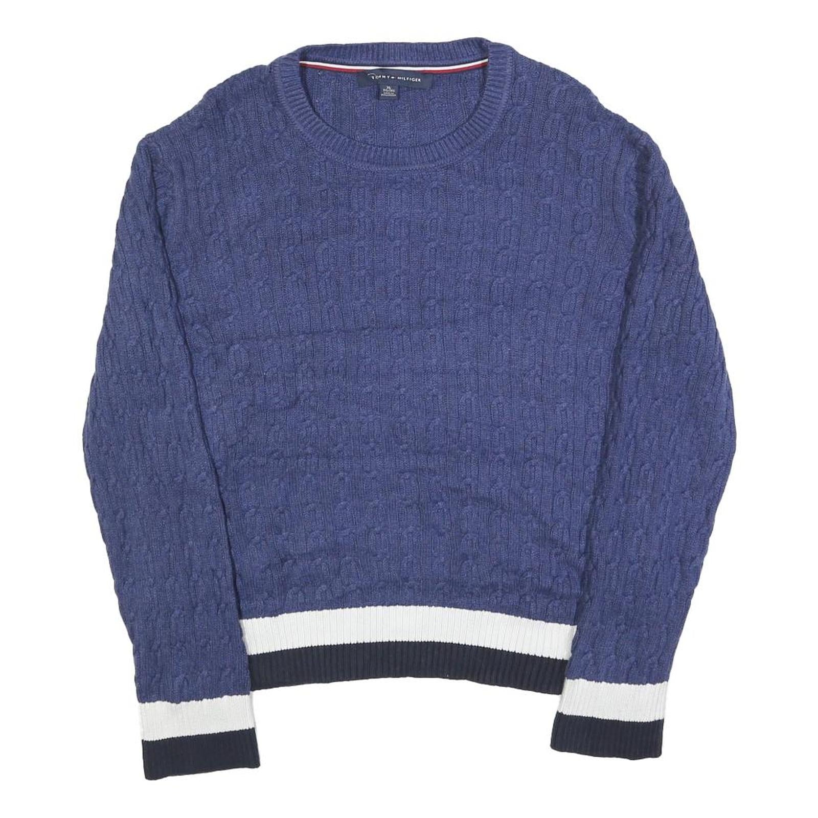 TOMMY HILFIGER Womens Blue Patterned Jumper Crew Neck Cable Knit XL Cotton Refurbished - N/A refurbished available on Cerqular