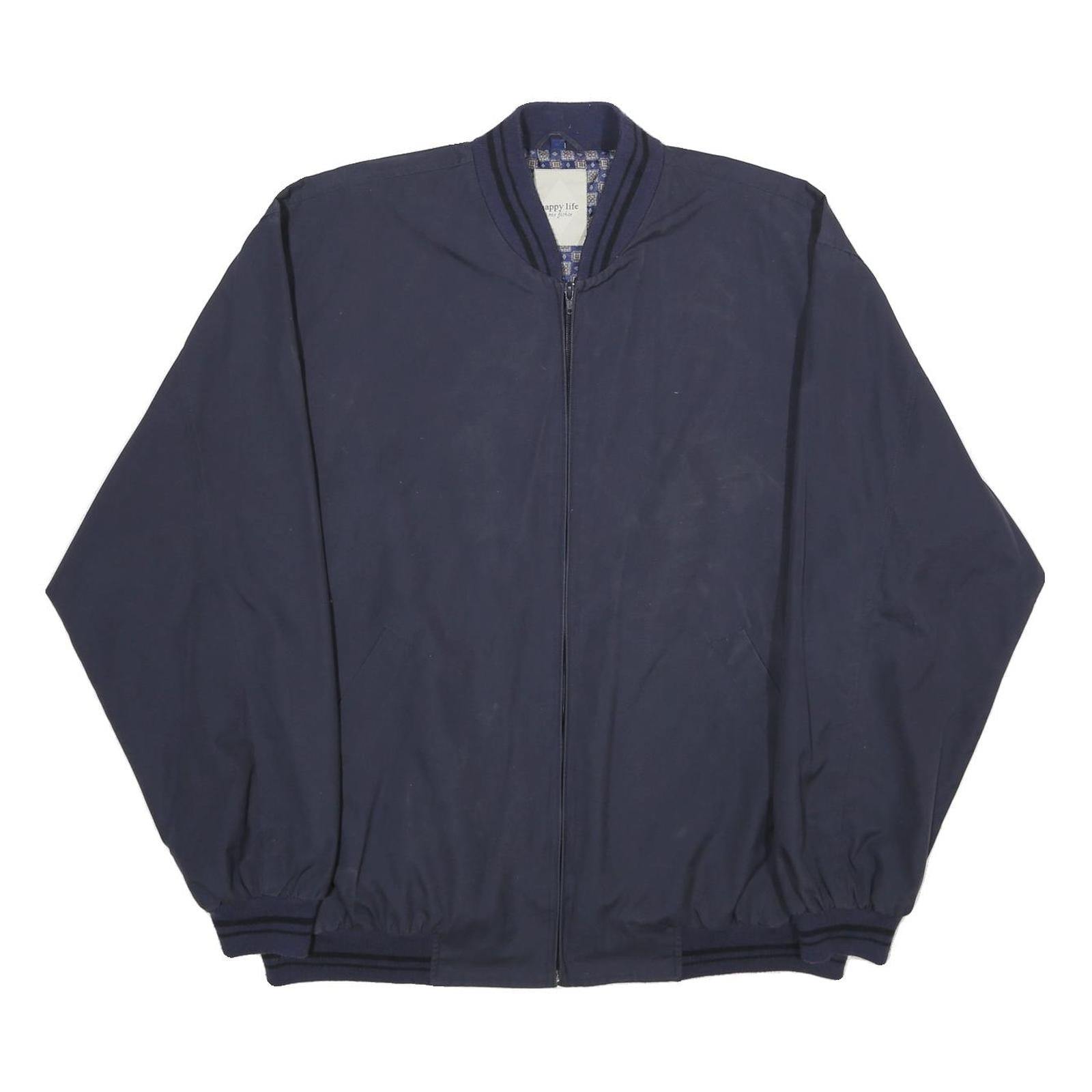 HAPPY LIFE Mens Navy Blue Jacket 2XL Cotton Blend Bomber Plain Zip Casual Refurbished - N/A refurbished available on Cerqular