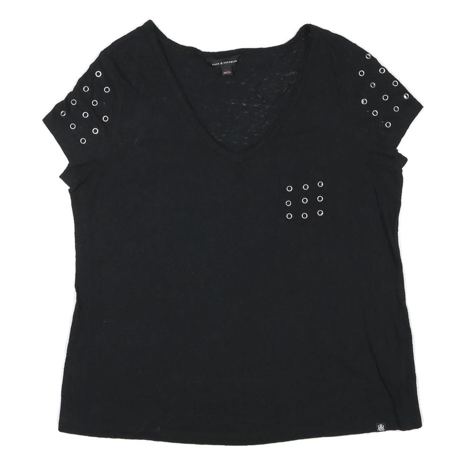 ROCK & REPUBLIC Womens Black V-Neck T-Shirt XL Short Sleeve Eyelet Detail Refurbished - N/A refurbished available on Cerqular