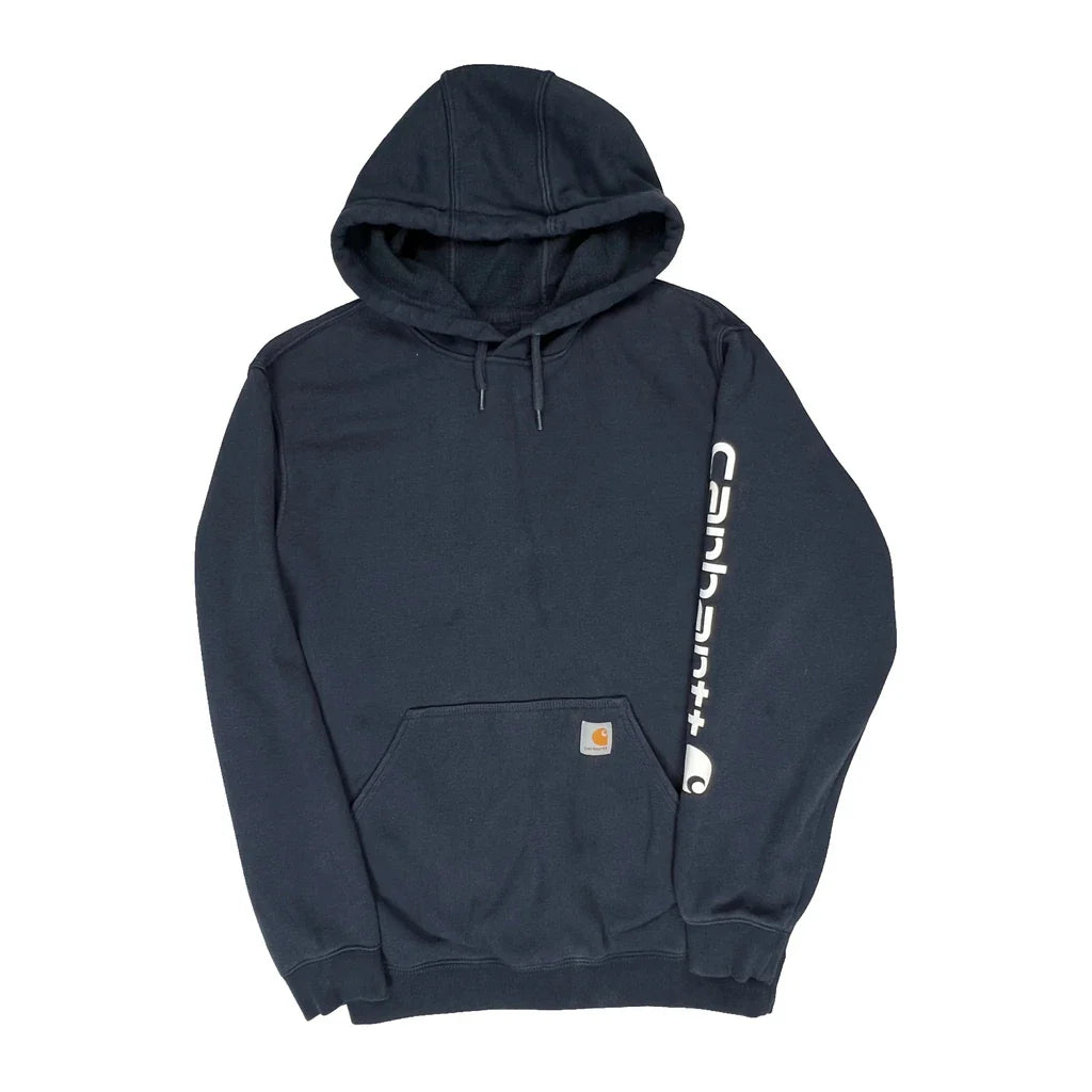 Carhartt Spellout Hoodie - Medium Navy Cotton Refurbished - Thrifted (note: this is a term often used to describe second- refurbished available on Cerqular
