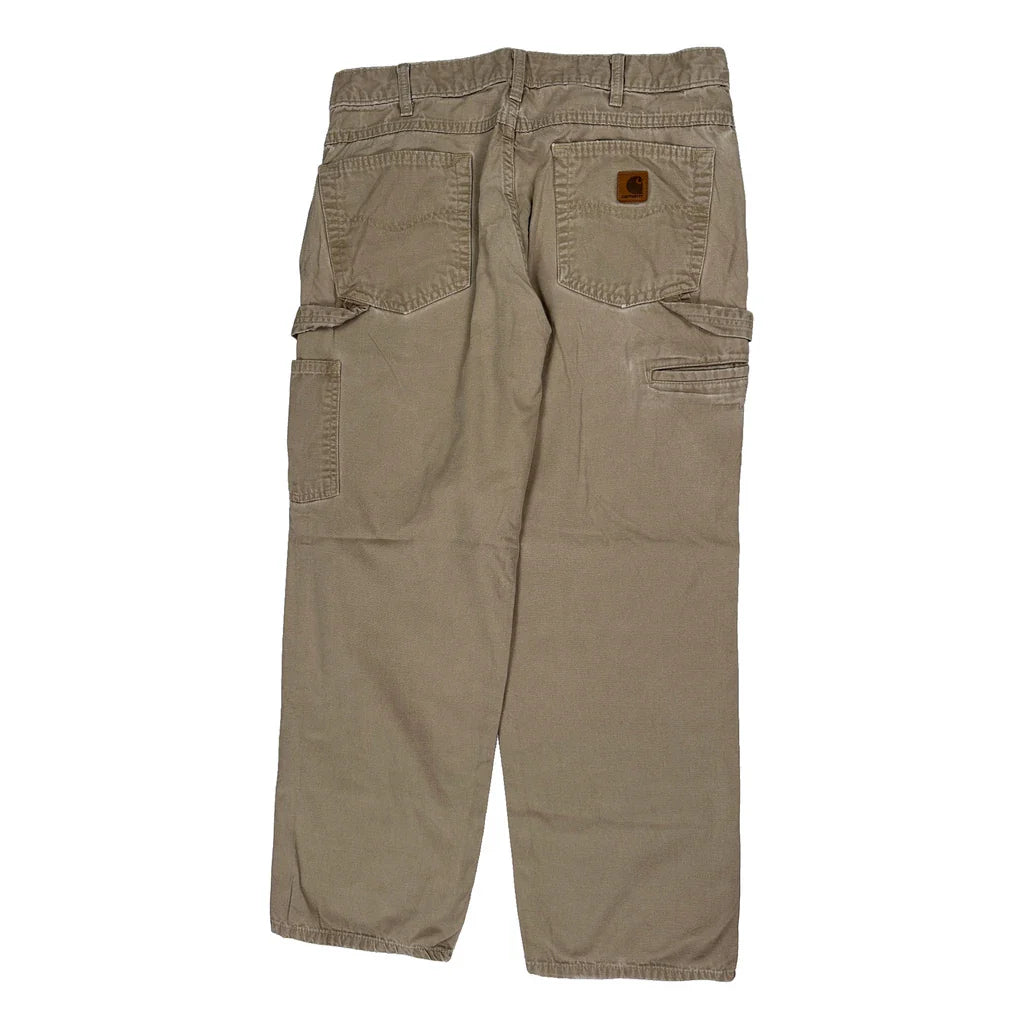Carhartt Carpenter Trousers - 34W 30L Khaki Cotton Refurbished - Thrifted (note: this is a term often used to describe second- refurbished available on Cerqular