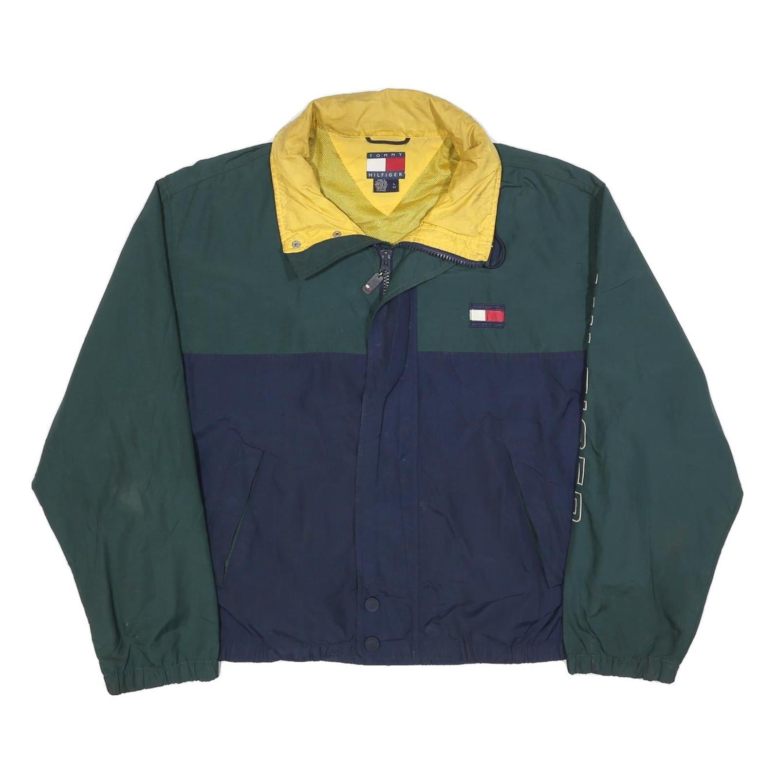 TOMMY HILFIGER Mens Green & Navy Blue Colourblock Jacket L Polyester Zip Logo Refurbished - N/A refurbished available on Cerqular