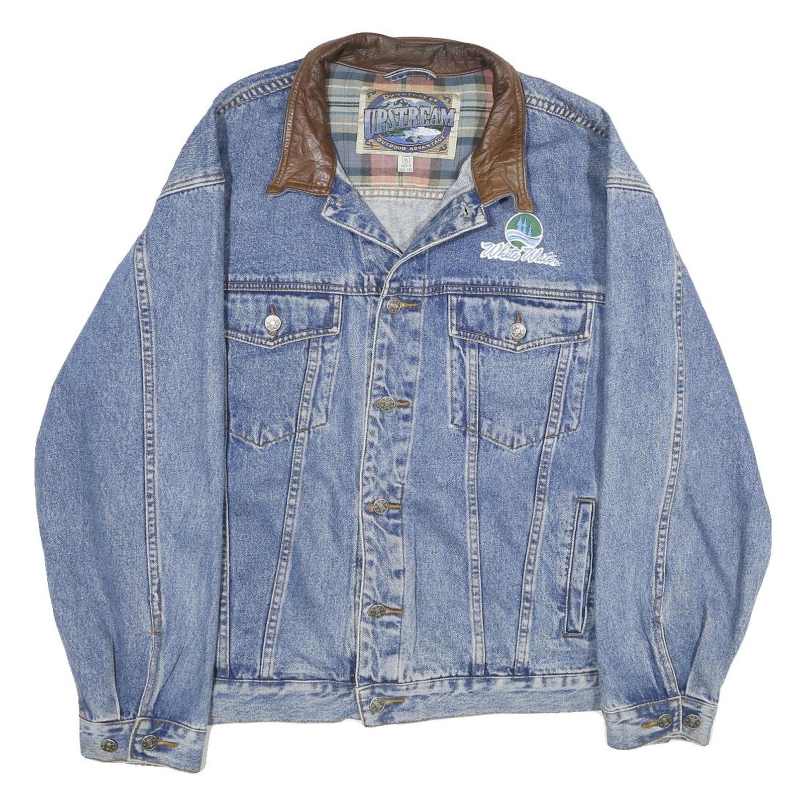 DUNBROOKE Mens Blue Leather Collar Denim Button Jacket XL Cotton Plaid Casual Refurbished - N/A refurbished available on Cerqular