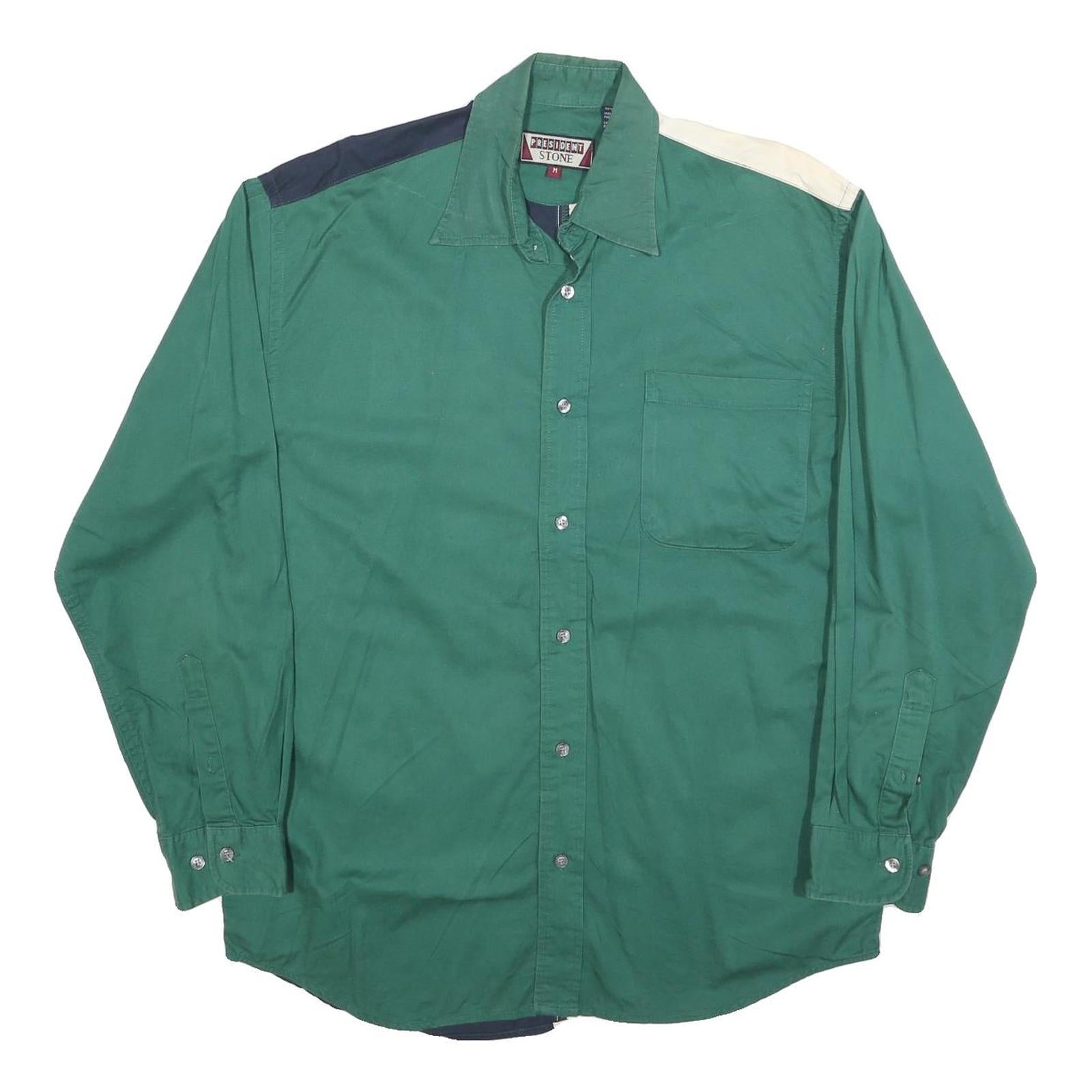 PRESIDENT STONE Mens Green Navy & White Cotton Blend Shirt M Colourblock Long Refurbished - N/A refurbished available on Cerqular