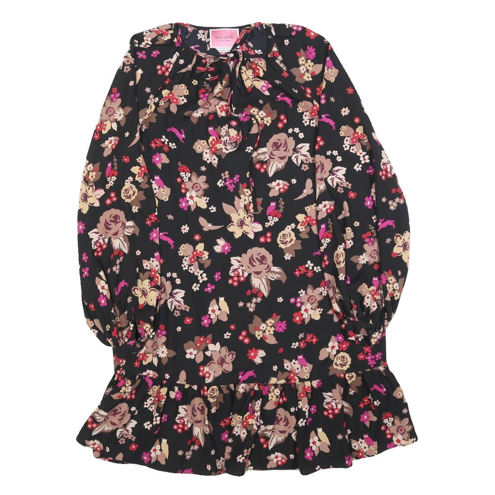 KATE SPADE Womens Black Floral Day Polyester Blend Mini Dress XS Tie Neck Refurbished - N/A refurbished available on Cerqular