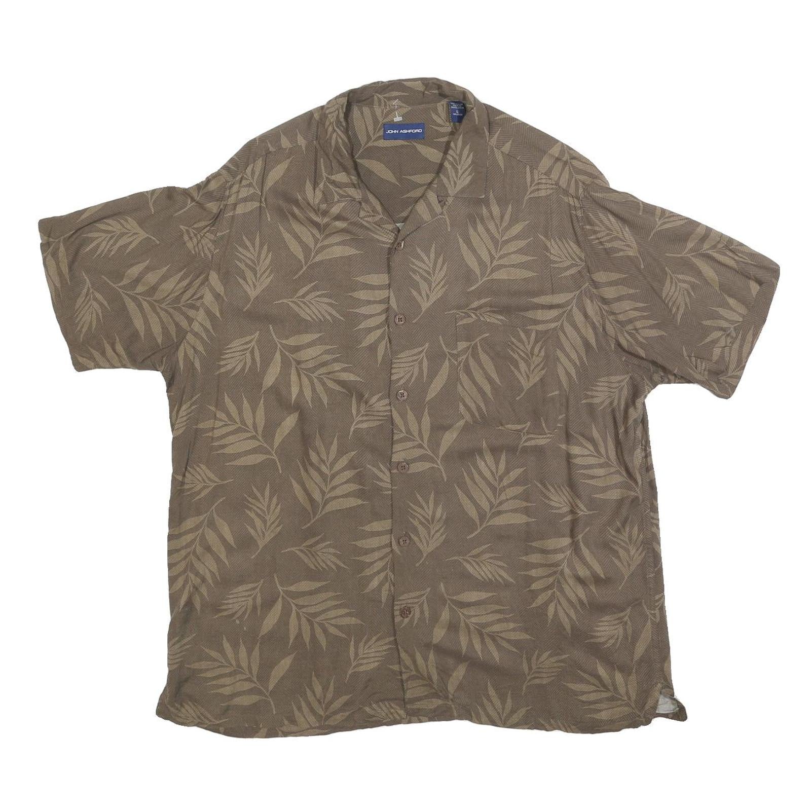JOHN ASHFORD Mens Brown Leaf Pattern Rayon Shirt L Casual Summer Relaxed Fit Refurbished - N/A refurbished available on Cerqular