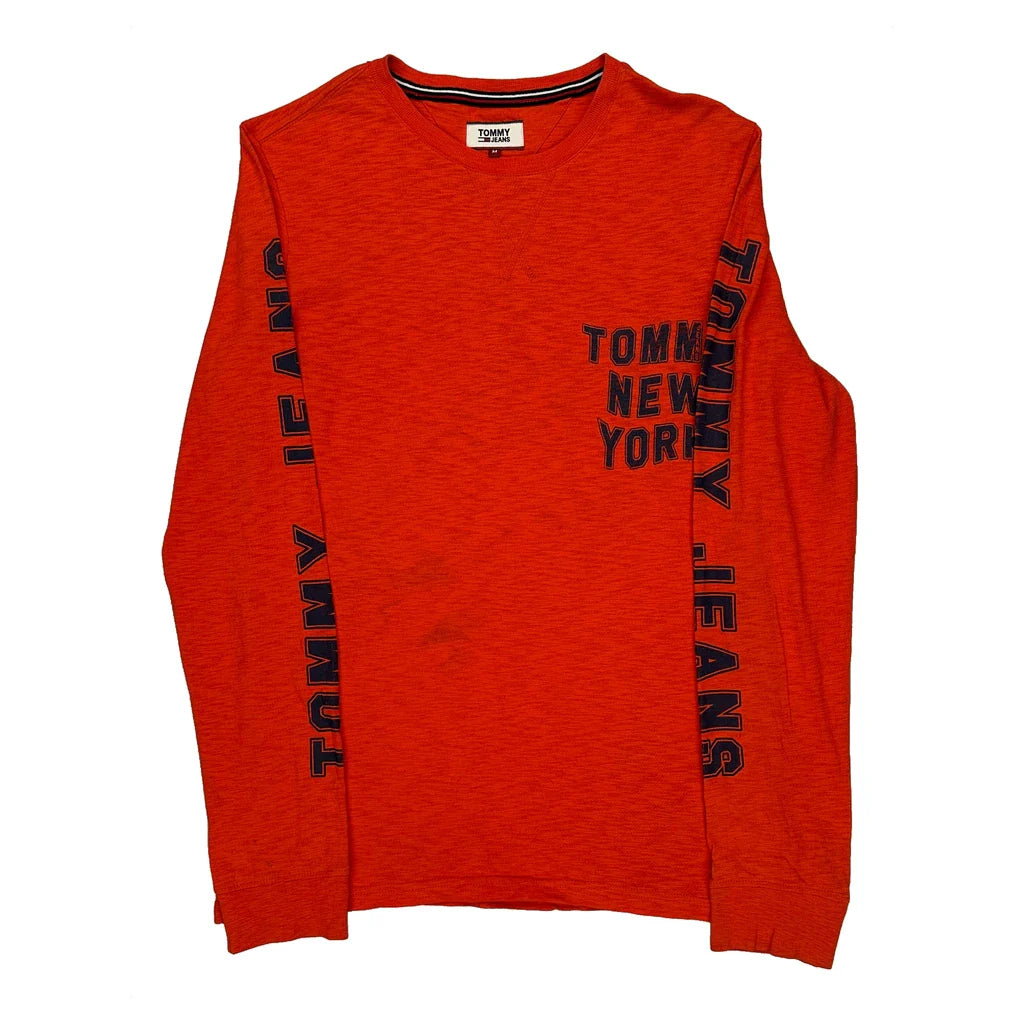 Tommy Jeans Long Sleeve T-Shirt - Medium Red Cotton Refurbished - Thrifted (note: this is a term often used to describe second- refurbished available on Cerqular
