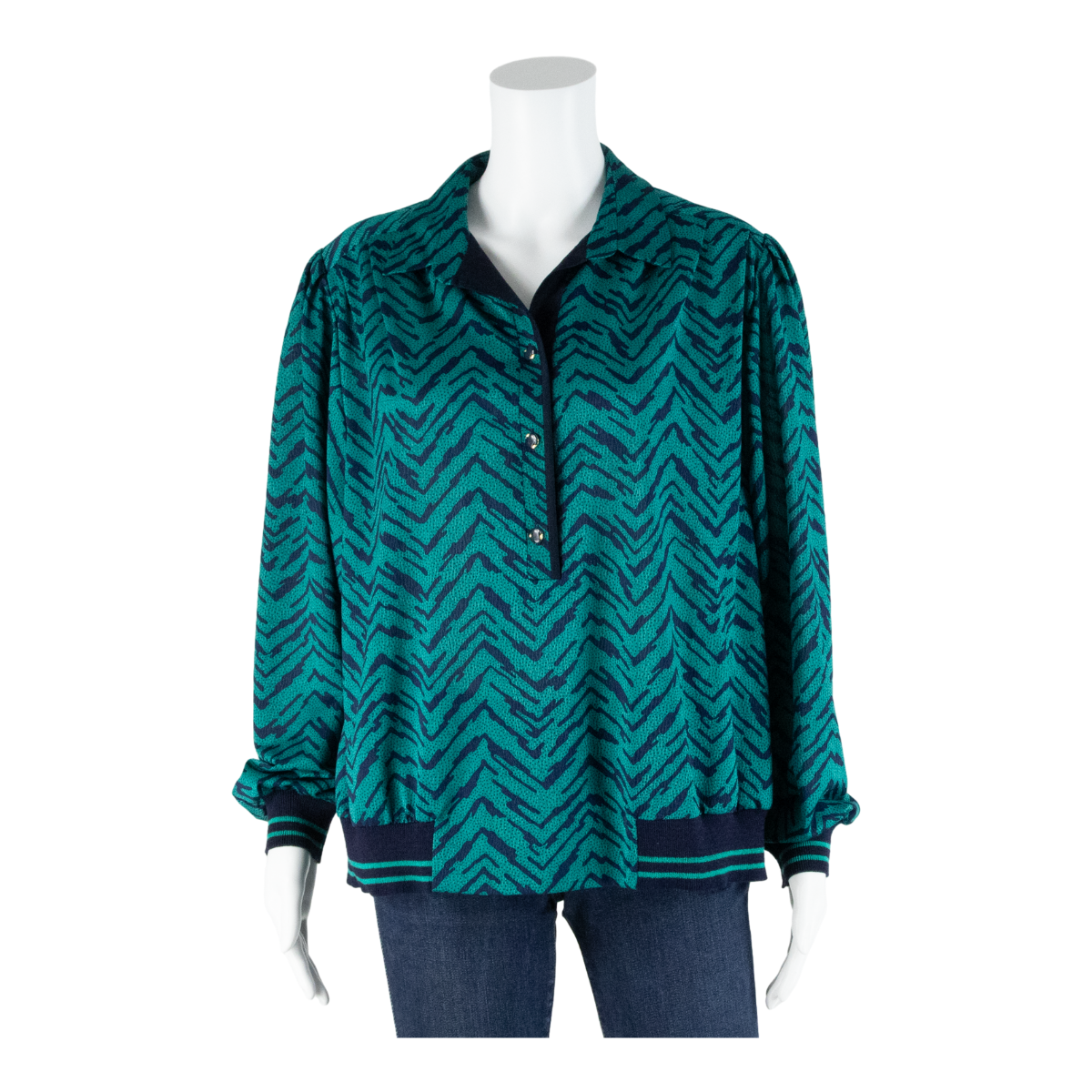 Womens Printed Blouse Blue Collared Long Sleeve Chevron L Refurbished - N/A refurbished available on Cerqular