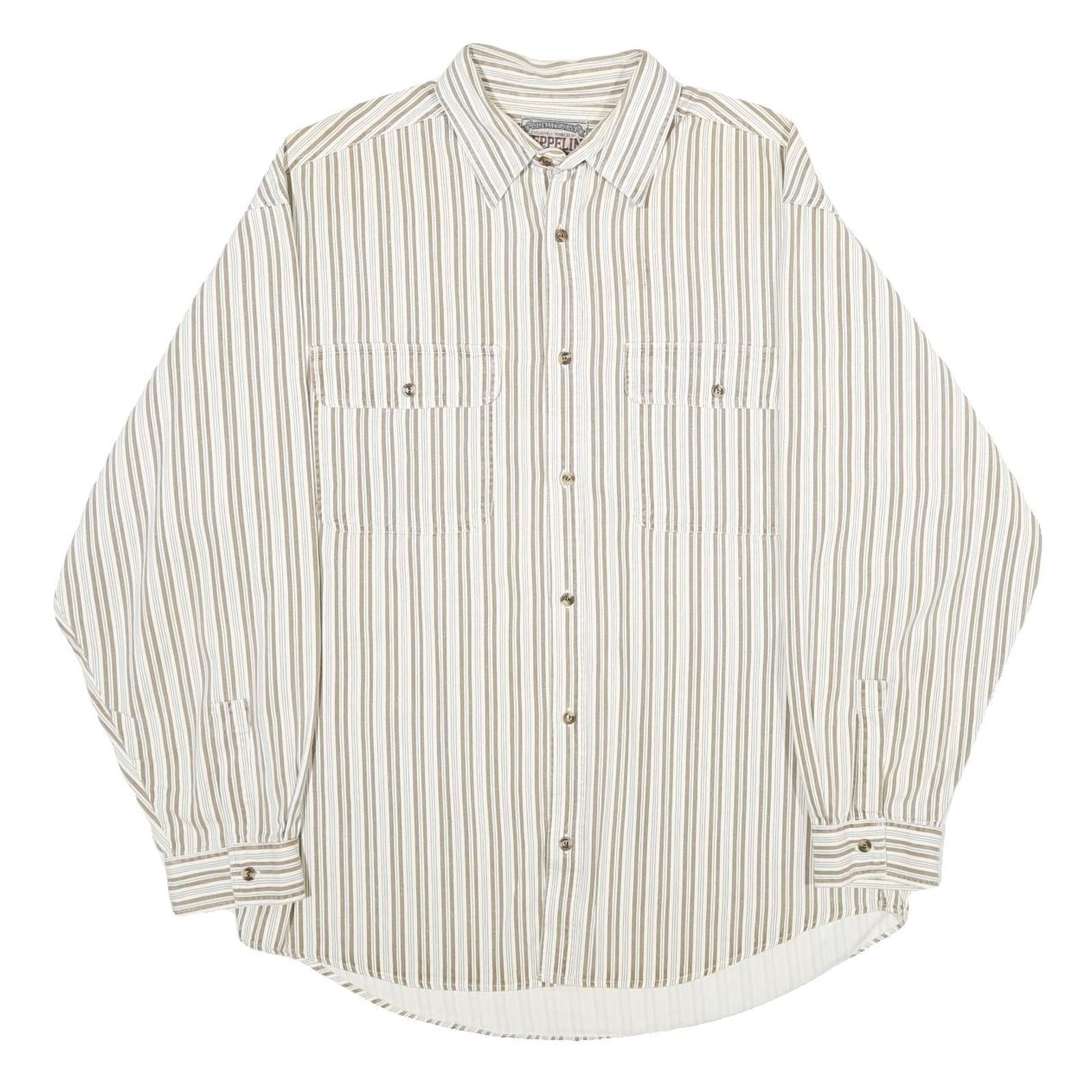 ZEPPELIN Mens Beige & White Striped Cotton Shirt L Casual Button Down Long Refurbished - N/A refurbished available on Cerqular