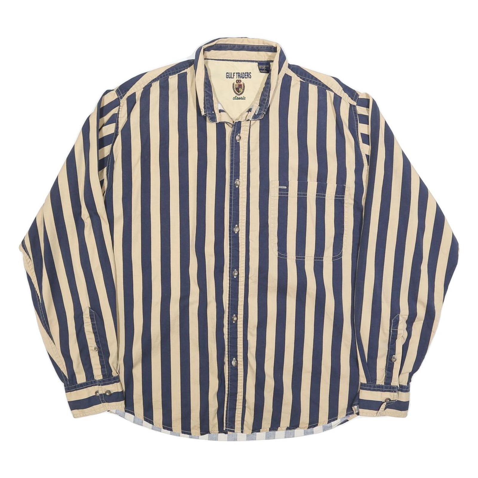 GULF TRADERS Mens Beige & Blue Striped Shirt L Cotton Blend Long Sleeve Casual Refurbished - N/A refurbished available on Cerqular
