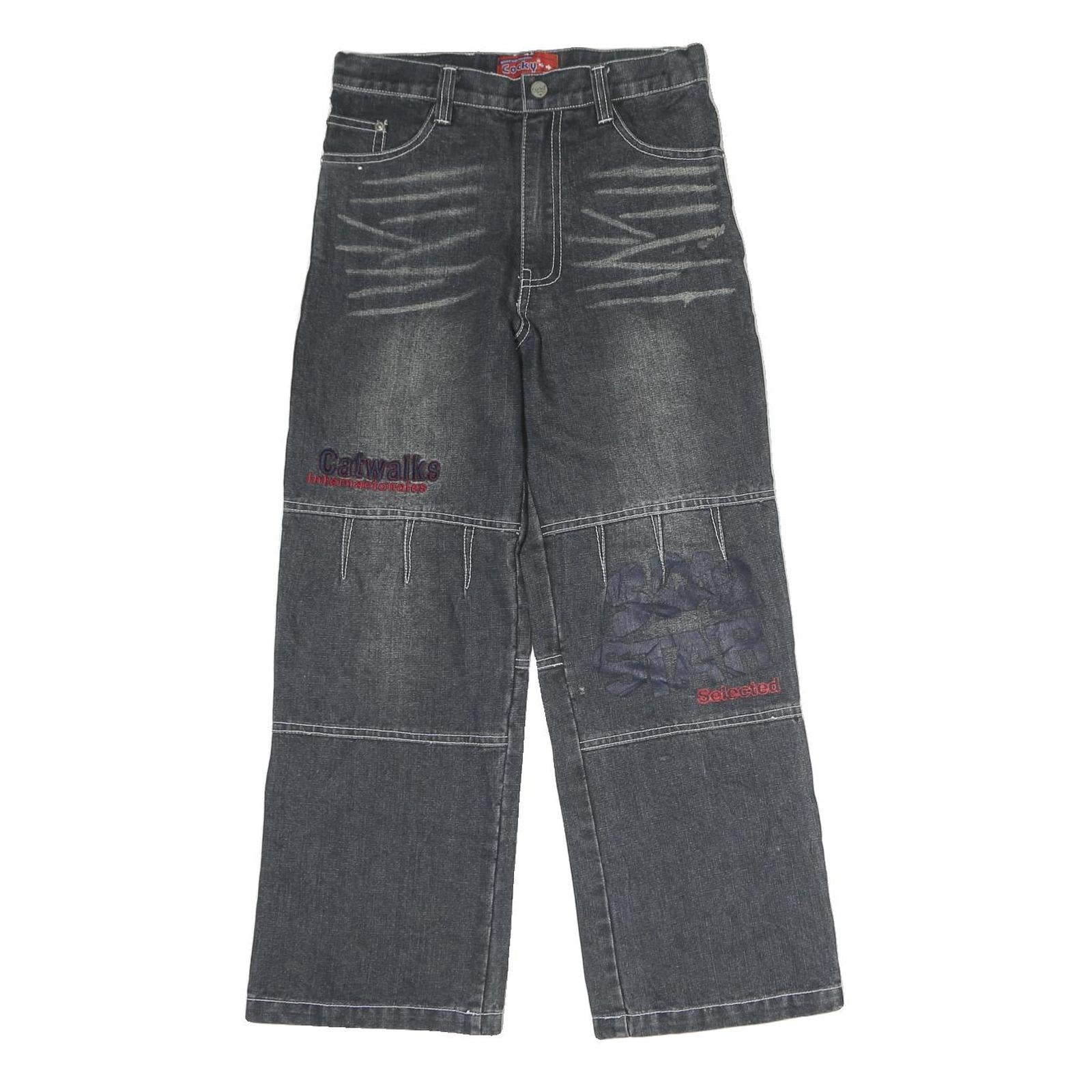 COCKY Mens Regular Fit Black Denim Jeans W26 L24 Embroidered Patchwork Zip Refurbished - N/A refurbished available on Cerqular