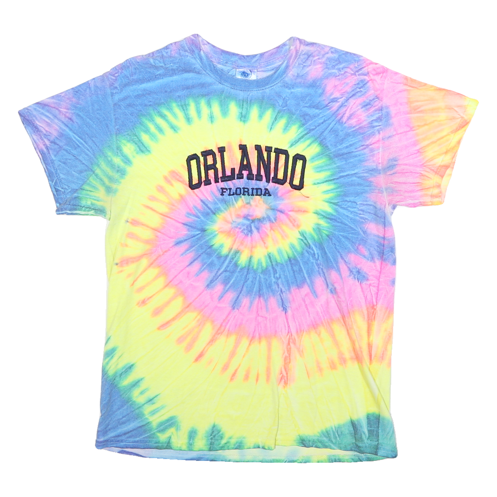 COLORTONE Womens Yellow & Blue Tie Dye Orlando Florida Graphic T-Shirt M Crew Refurbished - N/A refurbished available on Cerqular