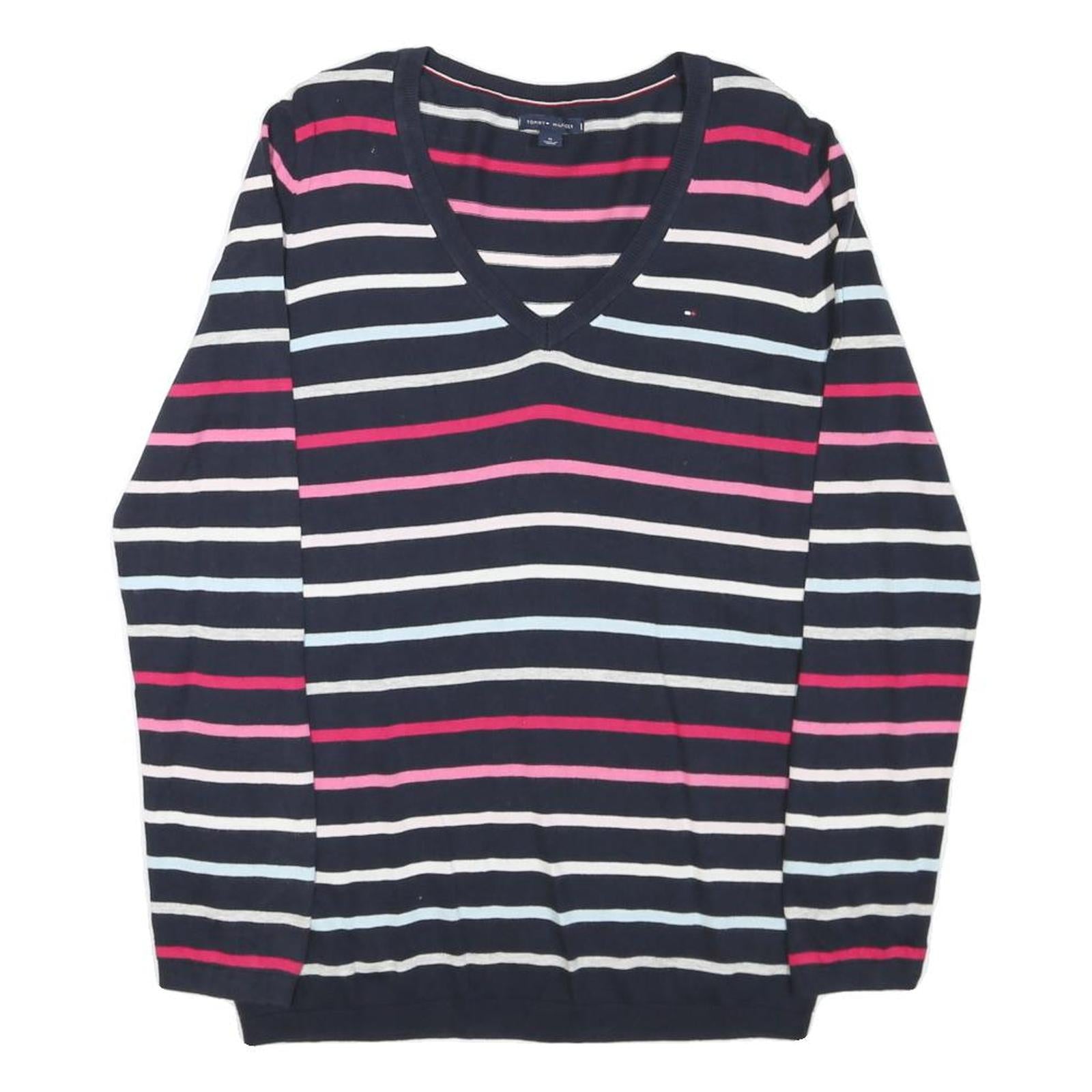 TOMMY HILFIGER Womens Navy Blue & Pink Patterned Jumper V-Neck M Cotton Blend Refurbished - N/A refurbished available on Cerqular