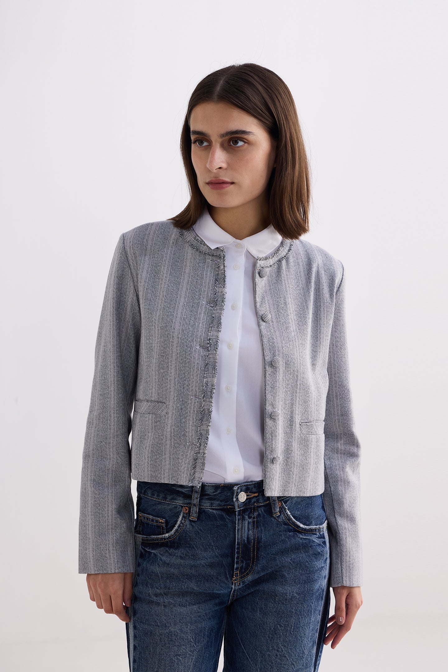 Lady Jacket in Grey Cotton Tweed | Color: Silver Strides | Size: S Refurbished - Resistor (Note: This is a generic term for an electronic component, refurbished available on Cerqular