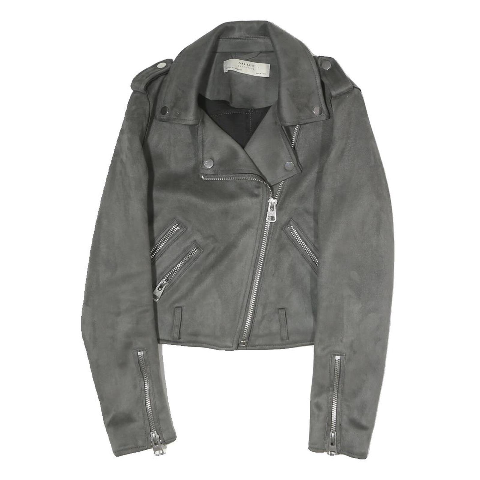 ZARA Womens Grey Suede Biker Jacket XS Polyester Zip Buttons Cropped Style Refurbished - N/A refurbished available on Cerqular