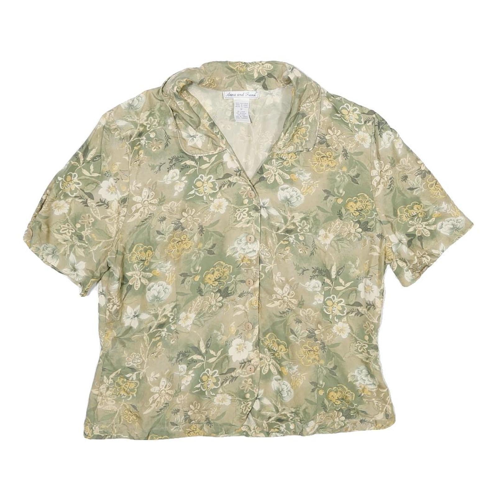 ANNA AND FRANK Womens Green Beige Floral Blouse Short Sleeve Collared M Silk Refurbished - N/A refurbished available on Cerqular