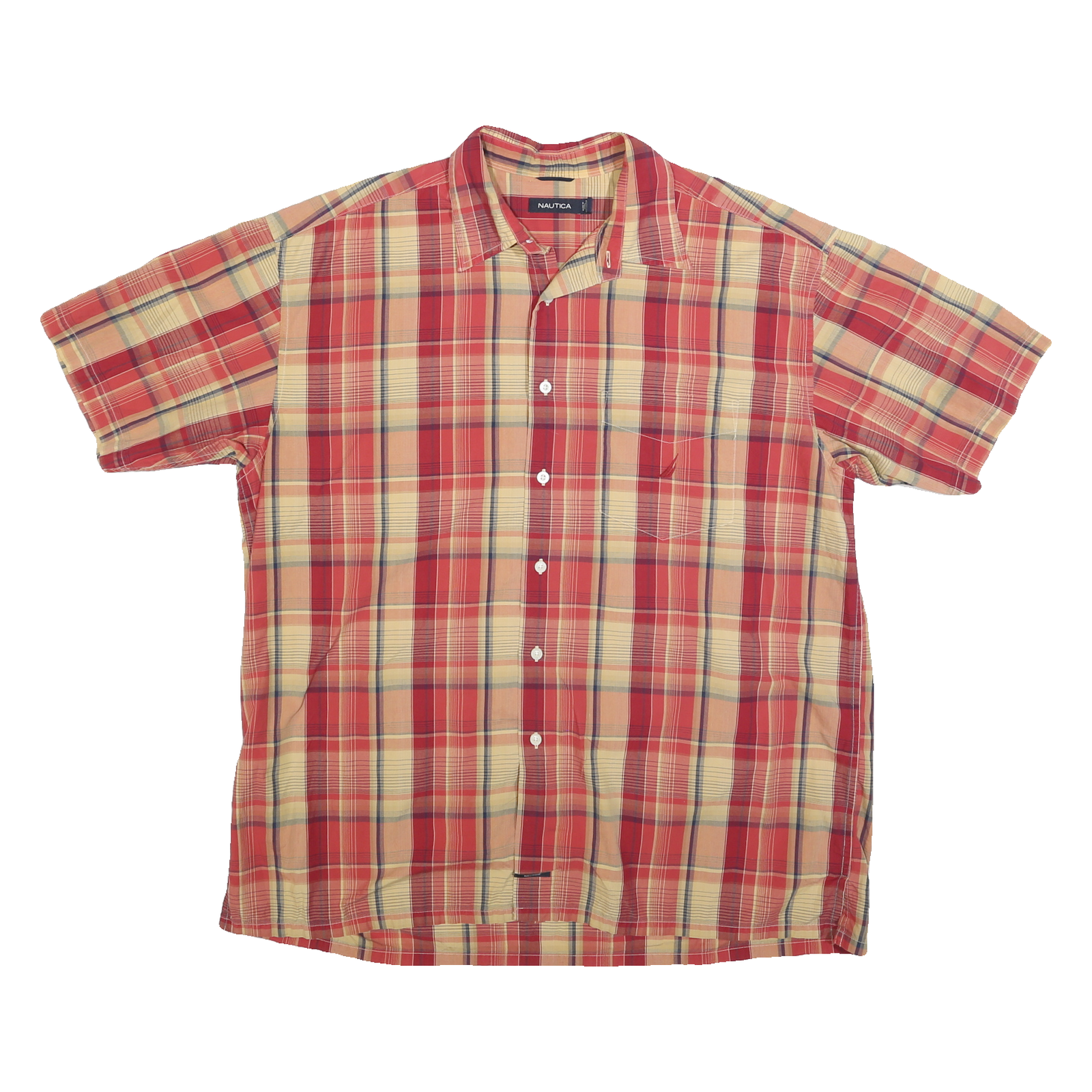 NAUTICA Mens Red Beige Plaid Shirt XL Cotton Blend Casual Short Sleeve Refurbished - N/A refurbished available on Cerqular