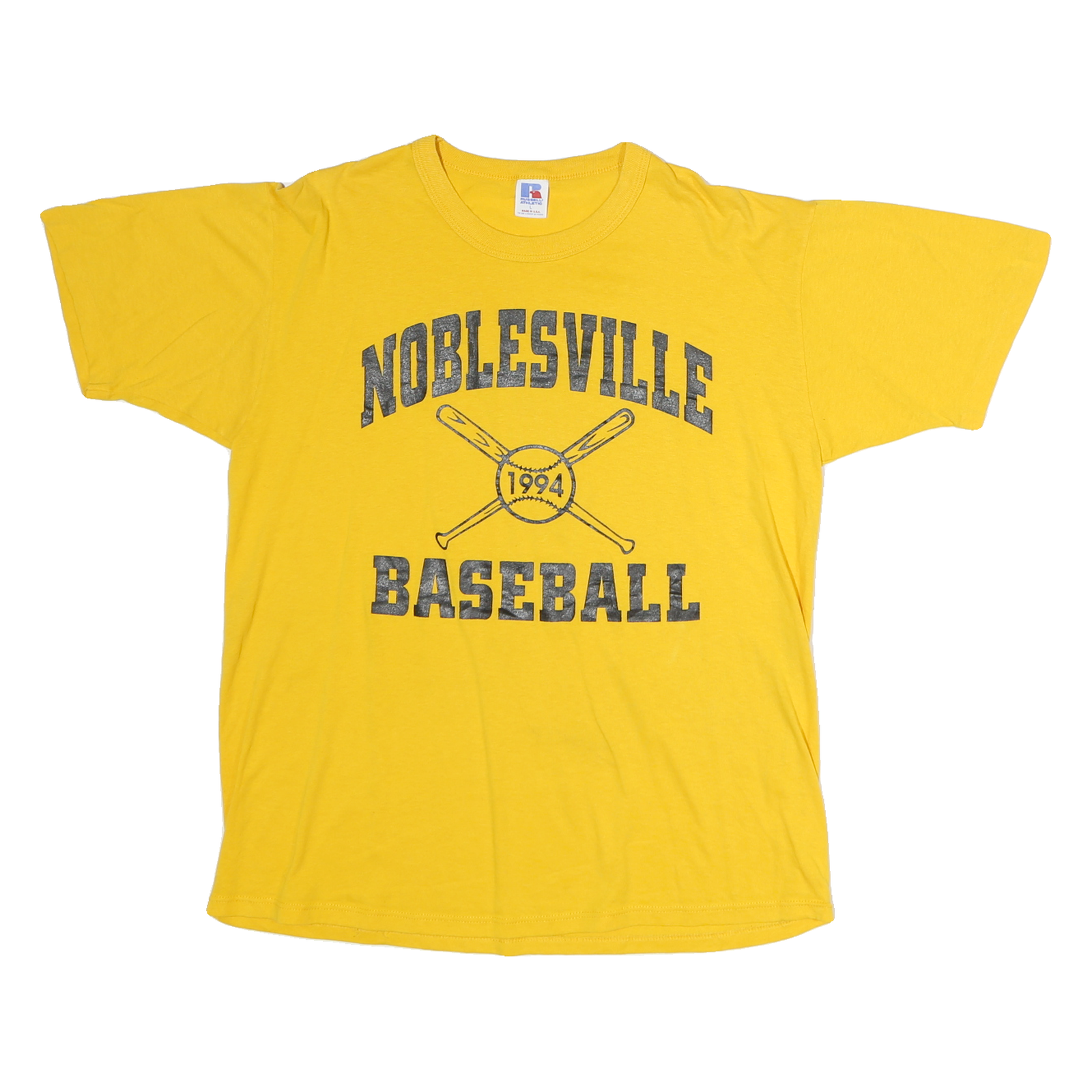 RUSSELL ATHLETIC Mens Yellow Noblesville Baseball Graphic T-Shirt M Crew Neck Refurbished - N/A refurbished available on Cerqular