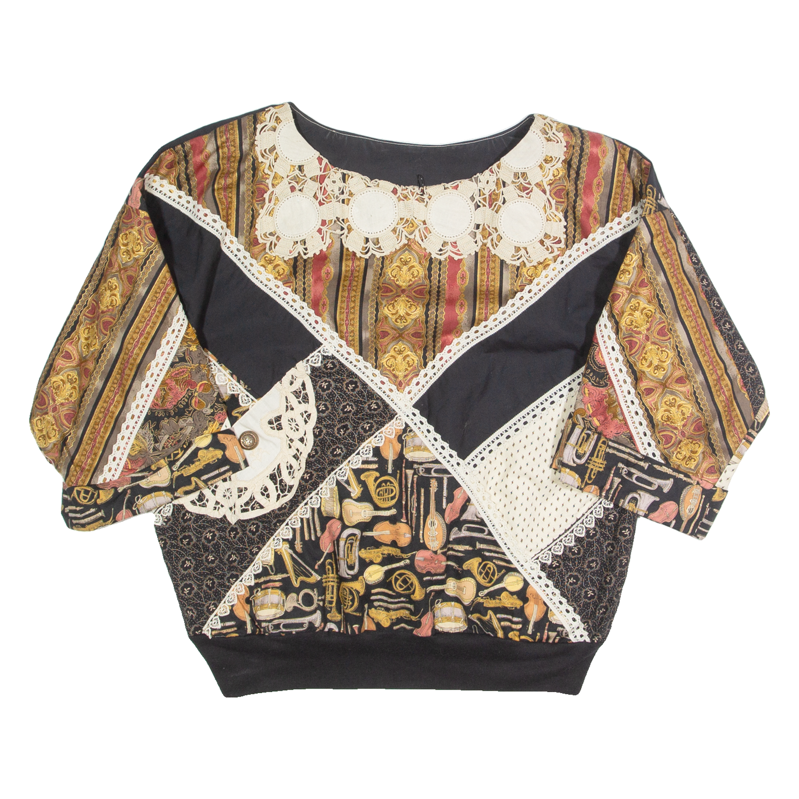 Womens Printed Top Black 3/4 Sleeve 90s Patchwork M Refurbished - N/A refurbished available on Cerqular