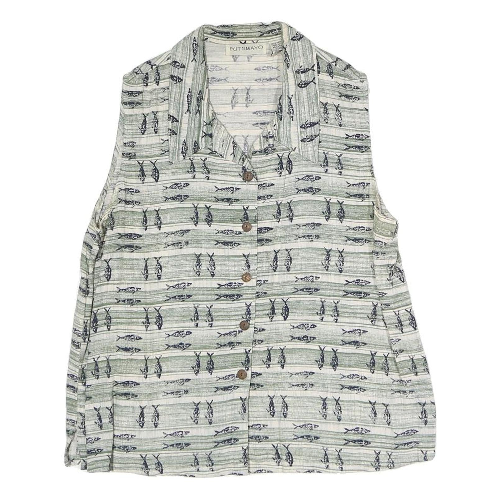 PUT U MAYO Womens Green & White Printed Sleeveless Shirt M Cotton Blend Button Refurbished - N/A refurbished available on Cerqular