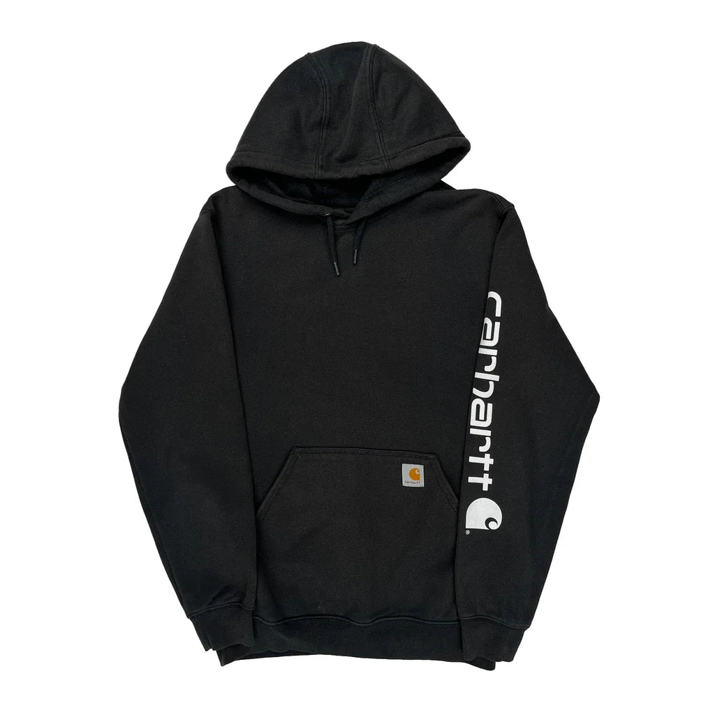 Loose Fit Carhartt Spellout Hoodie - Small Black Cotton Refurbished - Thrifted (note: this is a term often used to describe second- refurbished available on Cerqular