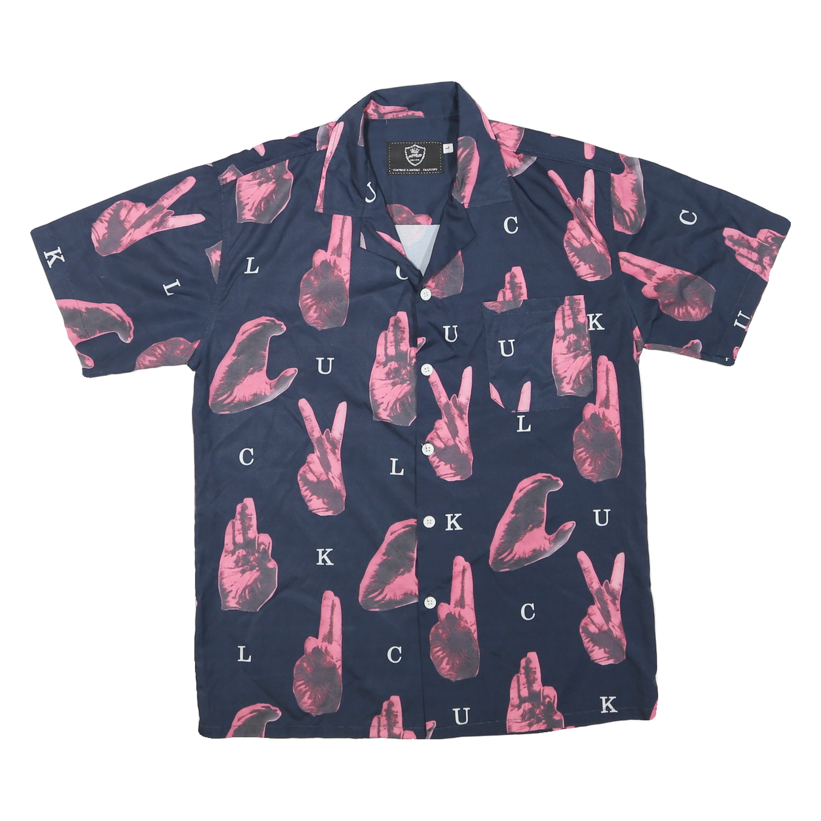 Mens Navy Blue & Pink Graphic Print Short Sleeve Shirt L Casual Stylish Refurbished - N/A refurbished available on Cerqular