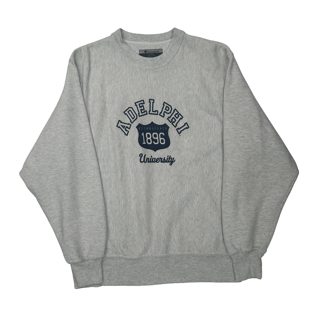 Adelphi University Champion College Sweatshirt - Small Grey Cotton Blend Refurbished - Thrifted (note: this is a term often used to describe second- refurbished available on Cerqular