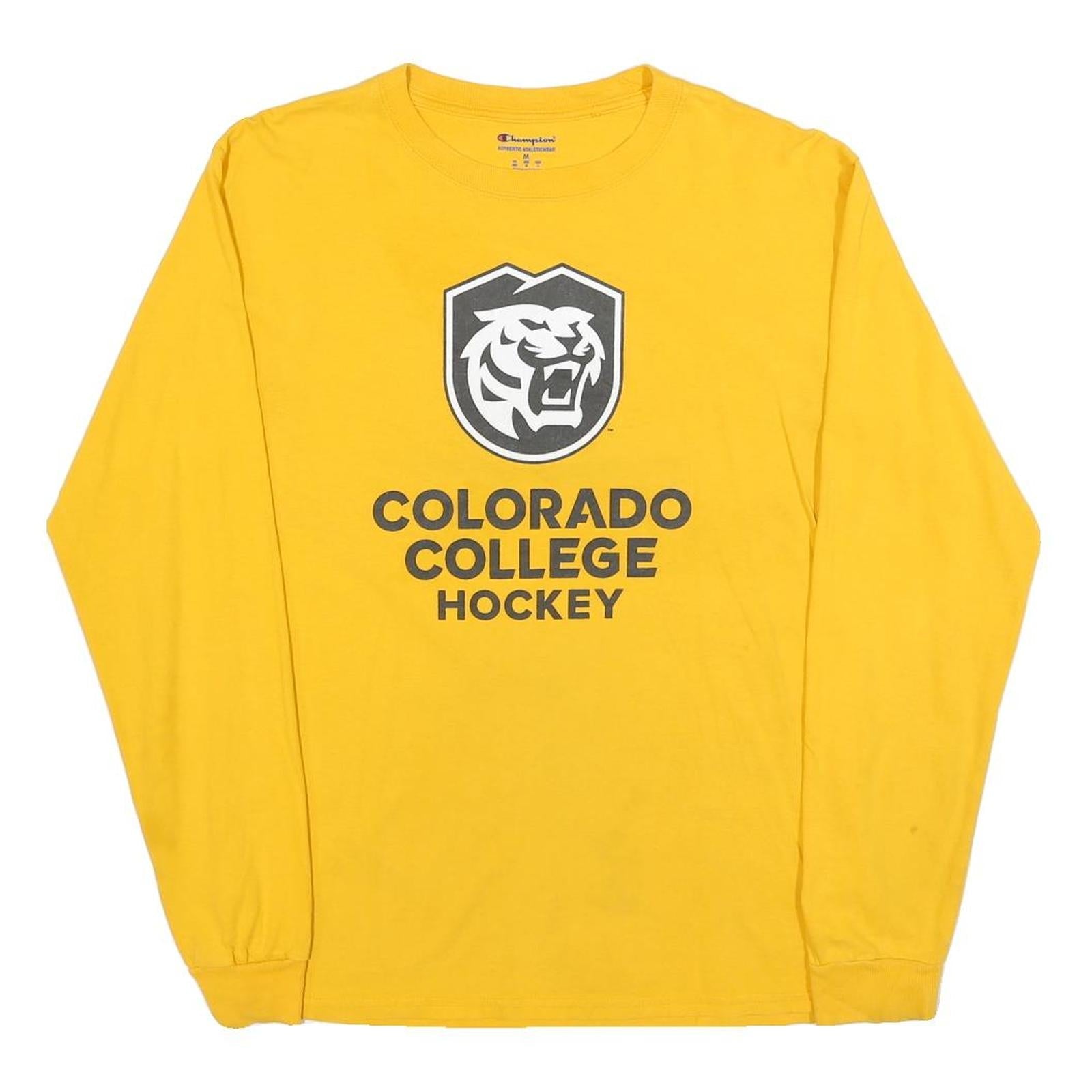 CHAMPION Mens Yellow Colorado College Hockey Graphic Long Sleeve Crew Neck Refurbished - N/A refurbished available on Cerqular