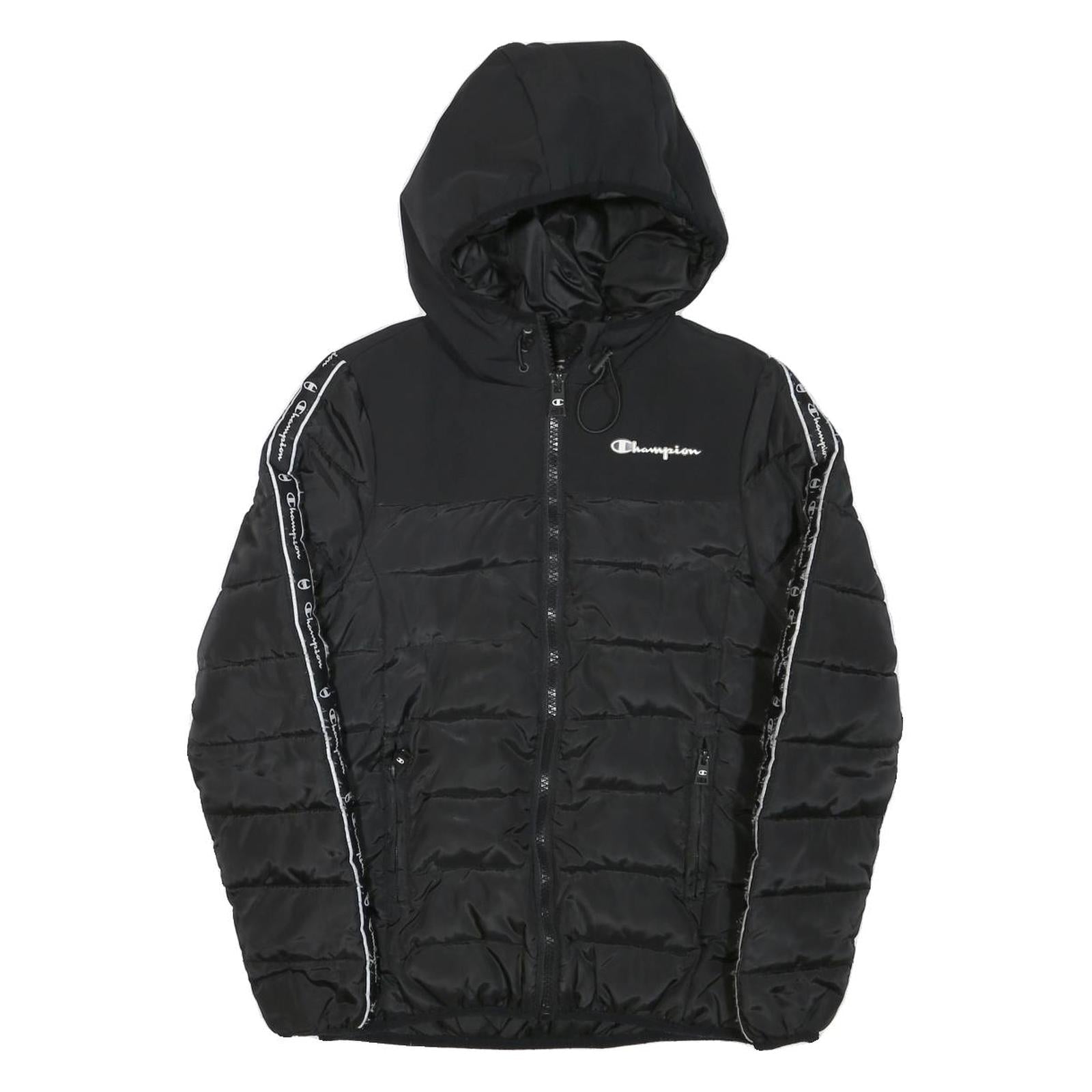 CHAMPION Mens Black Zip Jacket XS Polyester Blend Puffer Logo Tape Hooded Refurbished - N/A refurbished available on Cerqular