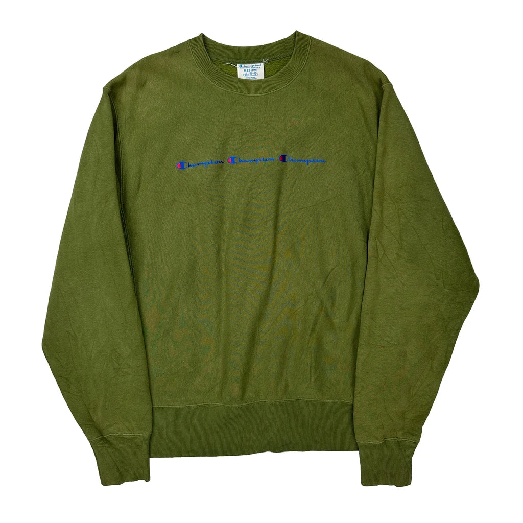 Champion Spellout Sweatshirt - Medium Green Cotton Blend Refurbished - Thrifted (note: this is a term often used to describe second- refurbished available on Cerqular