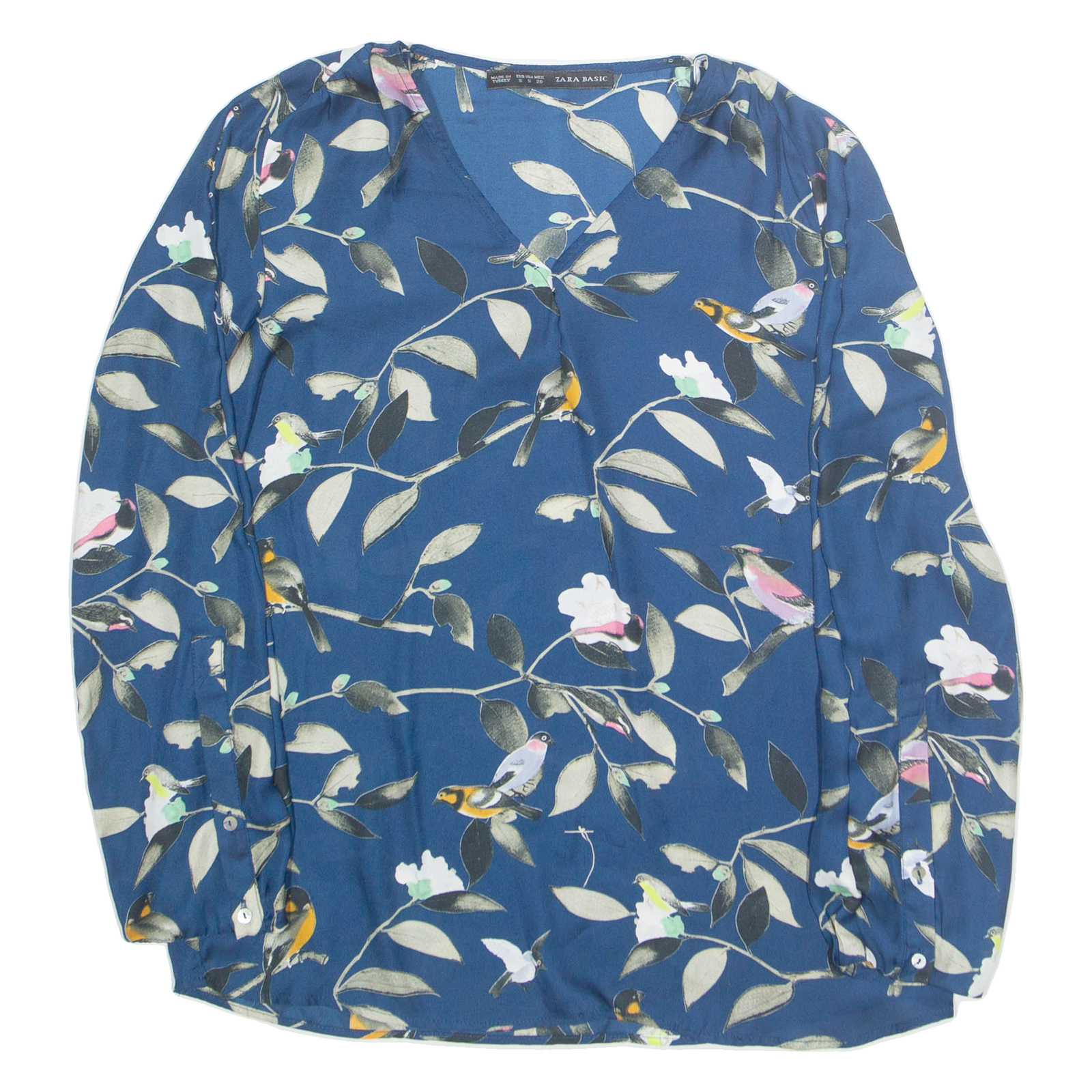 ZARA Birds Womens Printed Blouse Blue V-Neck Long Sleeve Crazy Pattern S Refurbished - N/A refurbished available on Cerqular