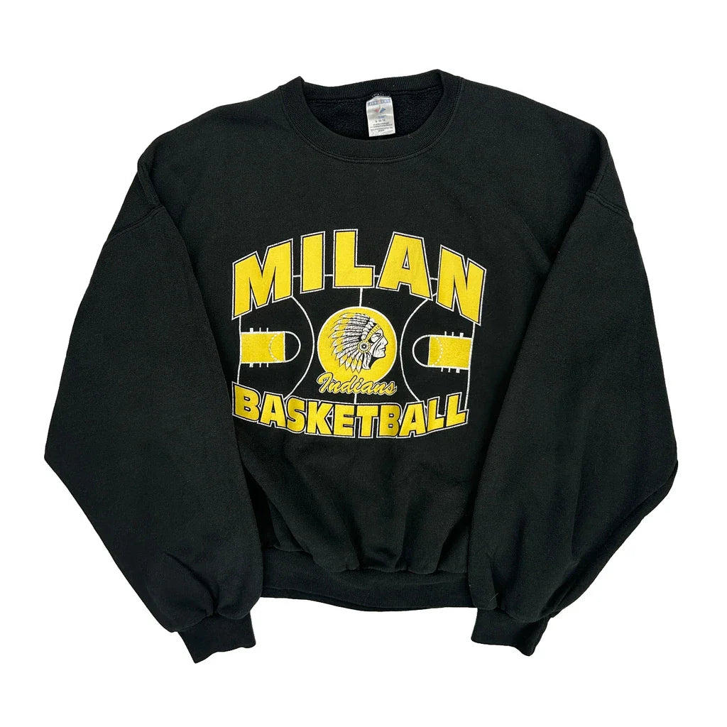 Milan Basketball Jerzees Sweatshirt - XL Black Cotton Blend Refurbished - Thrifted (note: this is a term often used to describe second- refurbished available on Cerqular