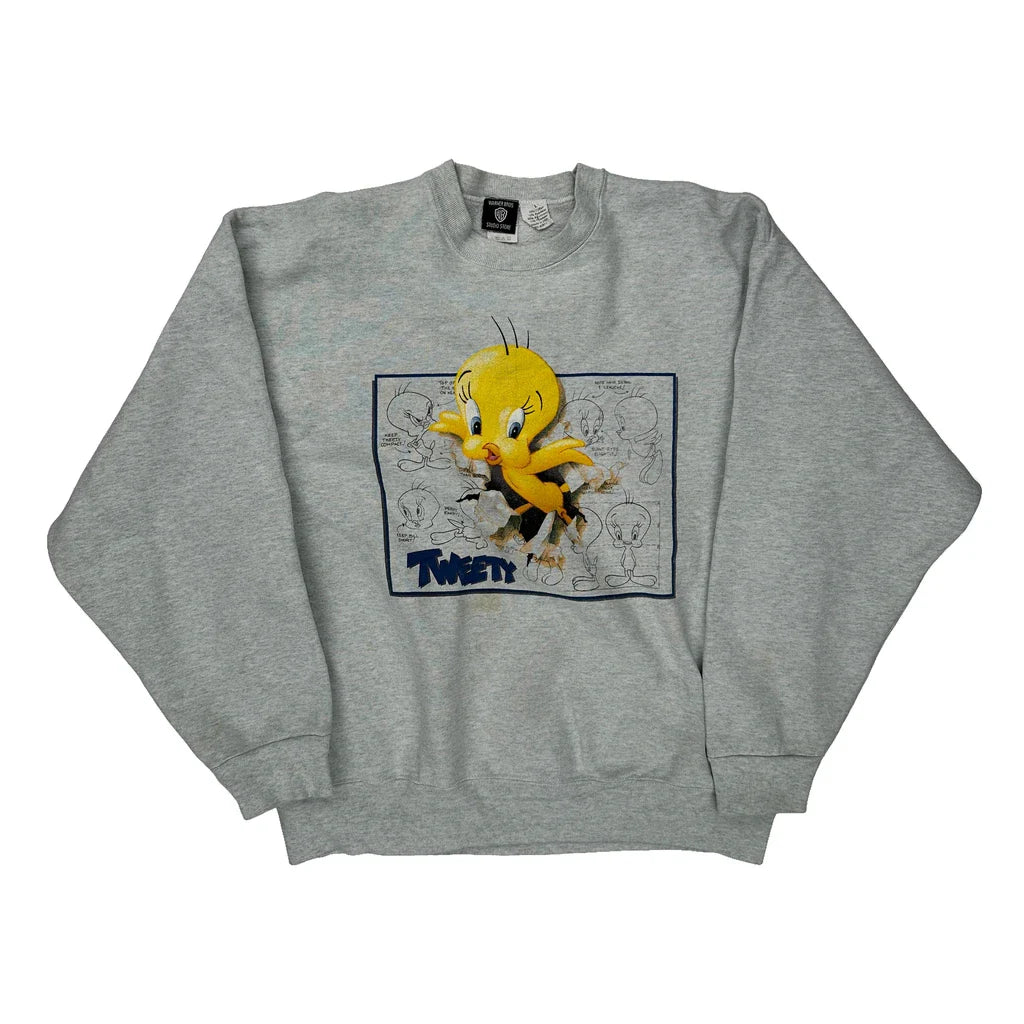 Warner Bros Cartoon Sweatshirt - Large Grey Cotton Refurbished - Thrifted (note: this is a term often used to describe second- refurbished available on Cerqular