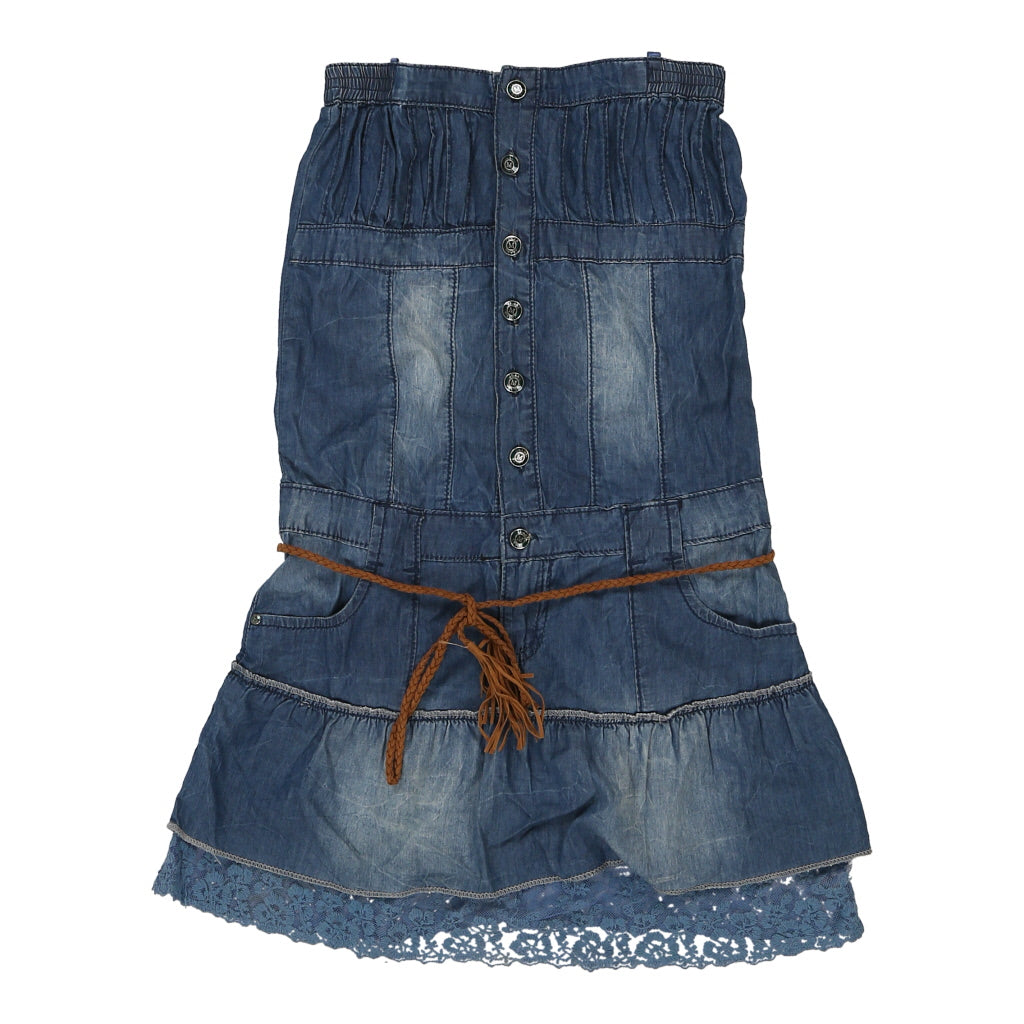 Miss Bon Bon Mini Denim Dress - Small Blue Cotton Refurbished - Thrifted (note: this is a term often used to describe second- refurbished available on Cerqular