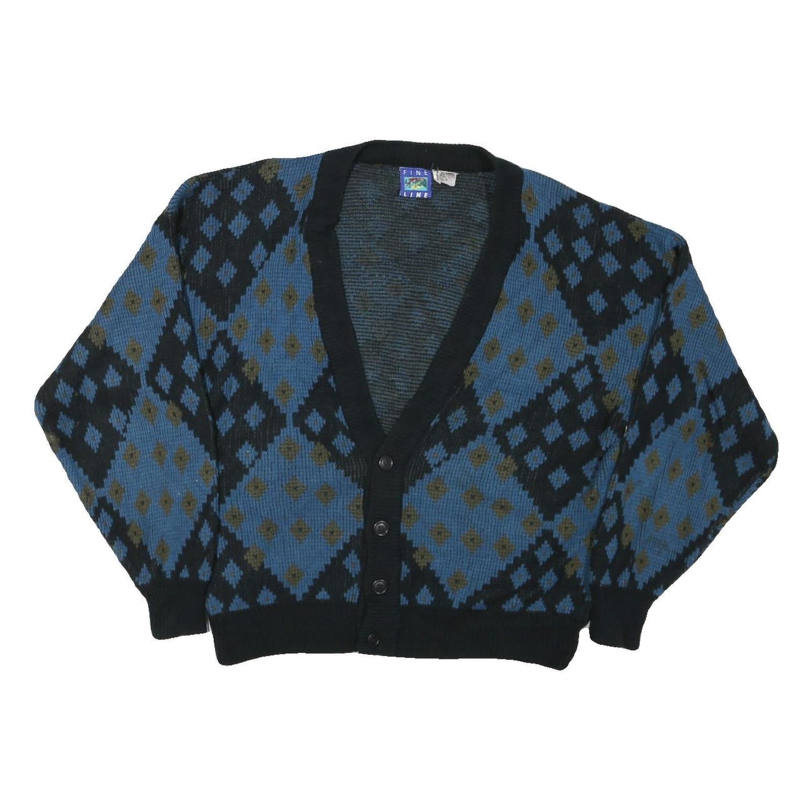 FINE LINE Womens Blue Black Wool Patterned Button Up Jumper M Chunky Knit Round Refurbished - N/A refurbished available on Cerqular