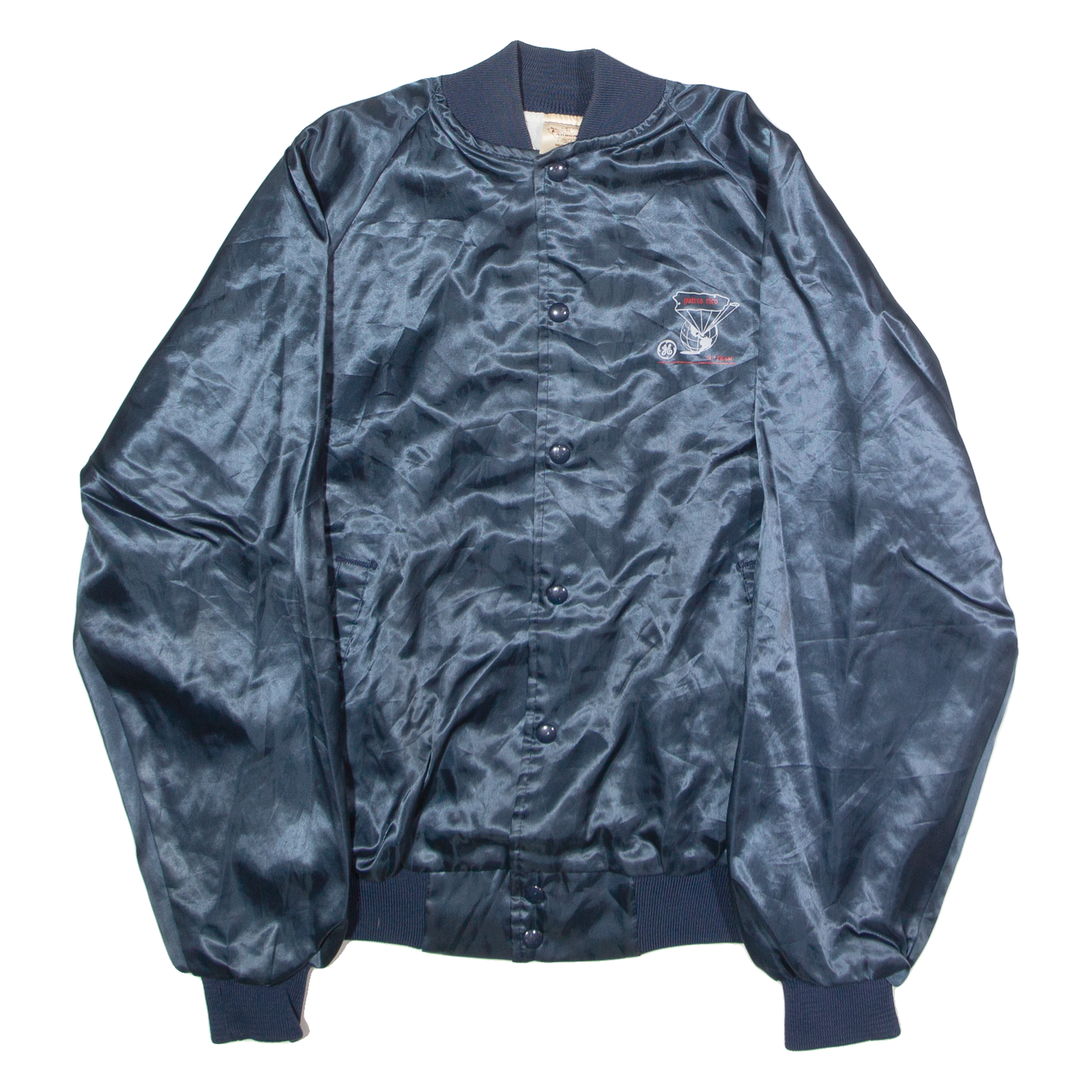 AUBURN SPORTSWEAR General Electric A-Team Puerto Rico Mens Bomber Jacket Blue Satin Nylon 90s USA L Refurbished - N/A refurbished available on Cerqular