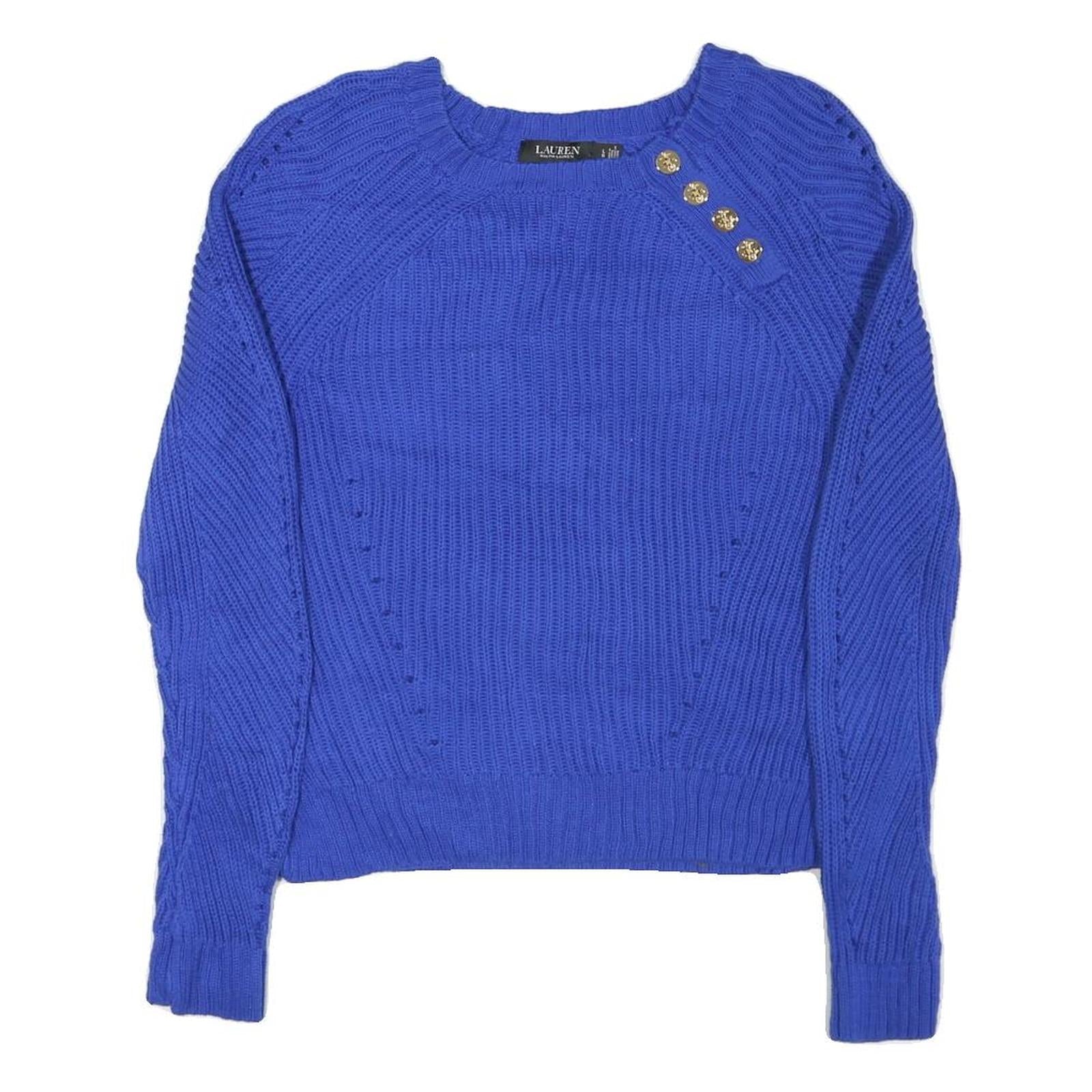 LAUREN RALPH LAUREN Womens Blue Chunky Knit Crew Neck Jumper L Button Detail Refurbished - N/A refurbished available on Cerqular