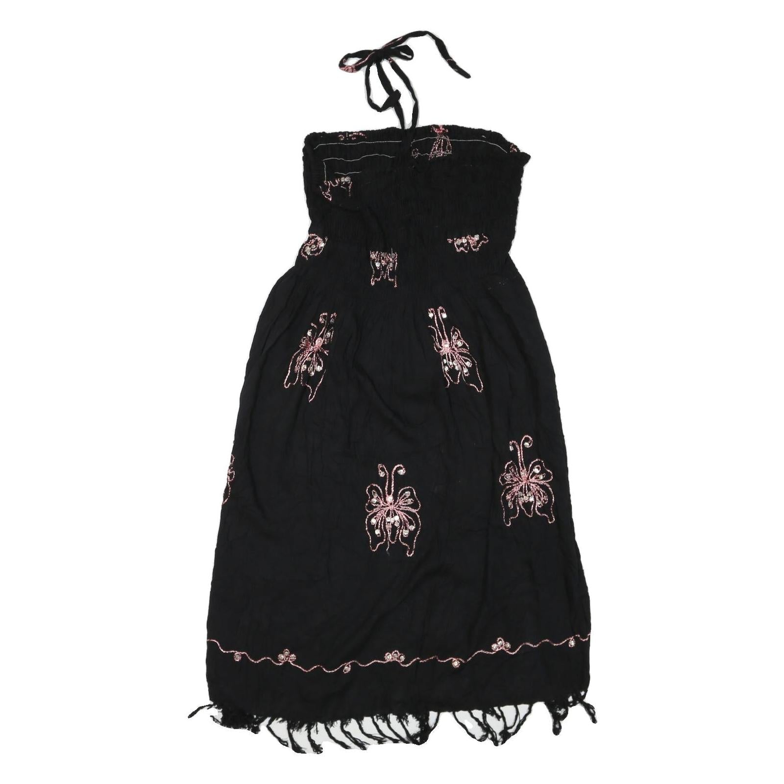 Womens Black Cotton Blend Strapless Midi Dress Butterfly Embroidered Tassel Refurbished - N/A refurbished available on Cerqular
