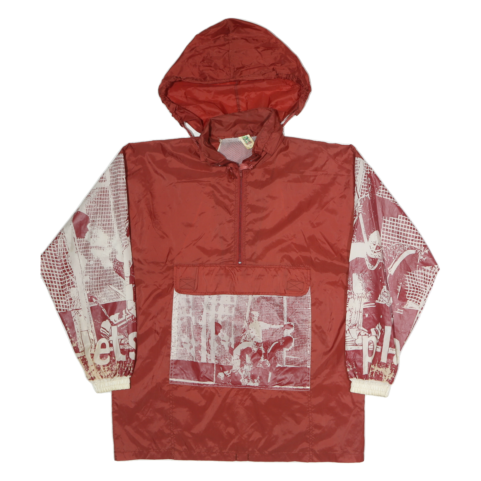 Mens Red Nylon & White Crazy Pattern Hooded Outdoor Jacket M Woven Zip Relaxed Refurbished - N/A refurbished available on Cerqular