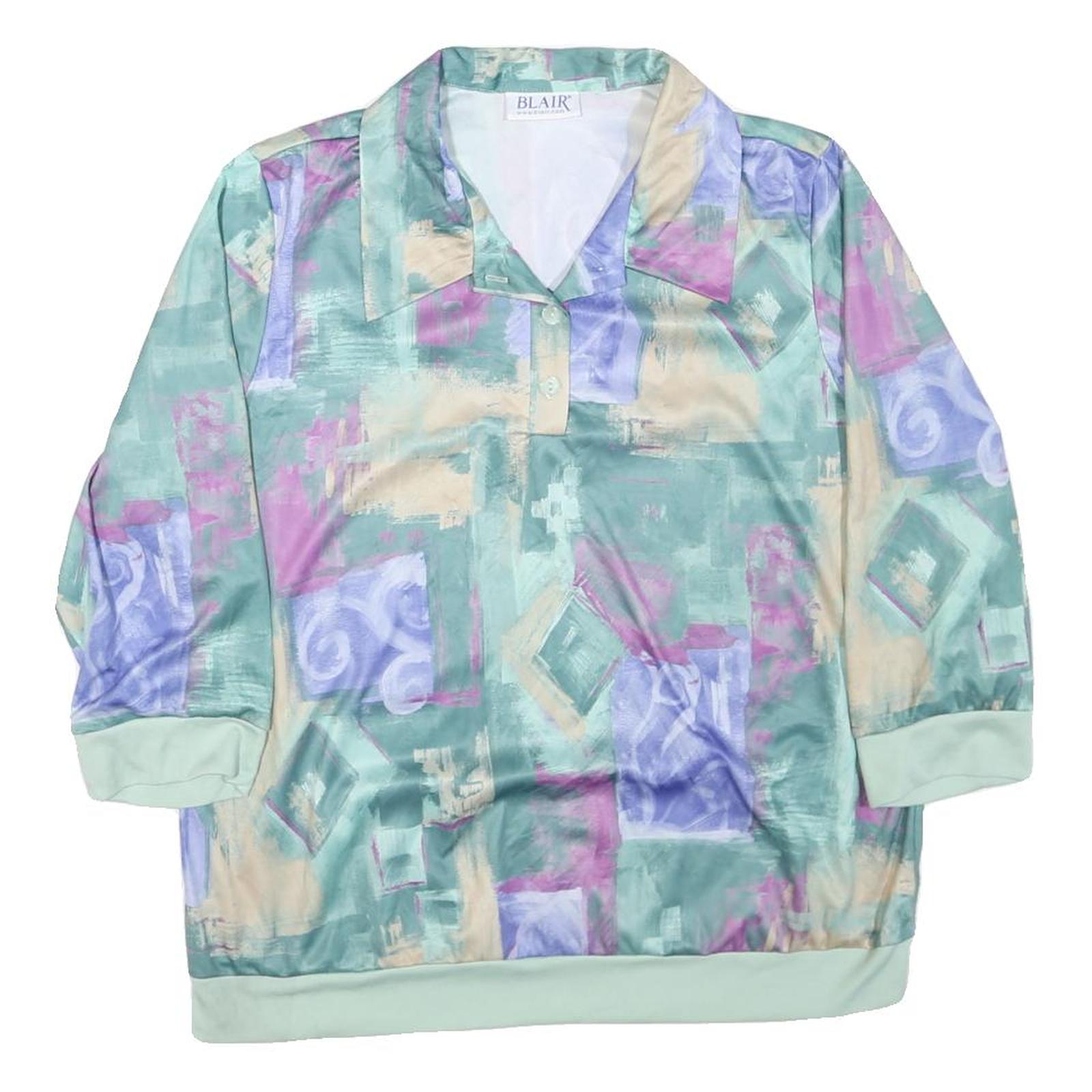 BLAIR Womens Green & Purple Printed Polo Shirt Long Sleeve Collared L Relaxed Refurbished - N/A refurbished available on Cerqular