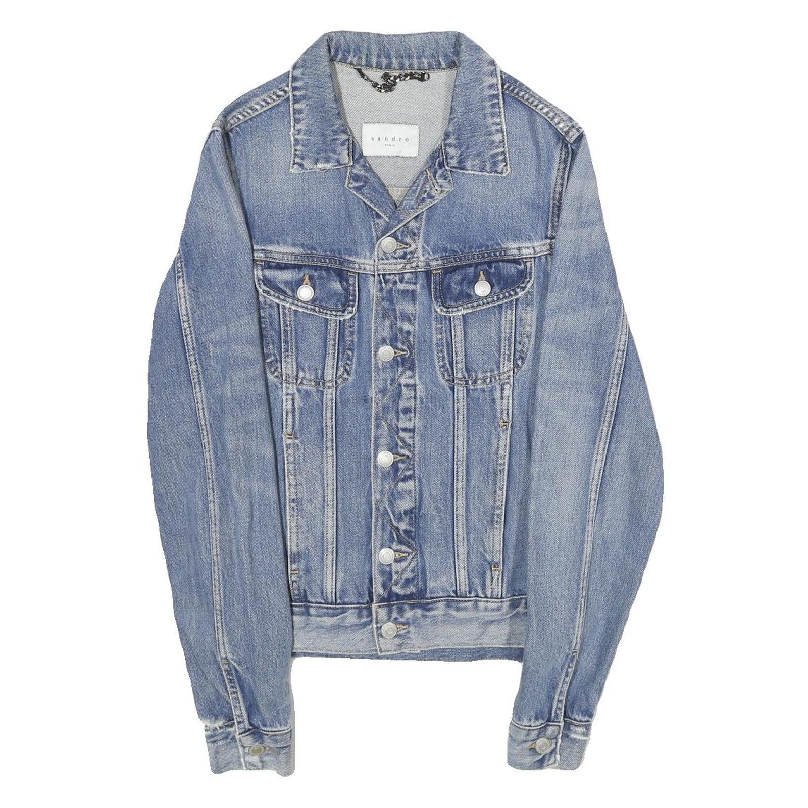 SANDRO Mens Blue Denim Jacket XS Cotton Button Plain Classic Fit Casual Refurbished - N/A refurbished available on Cerqular